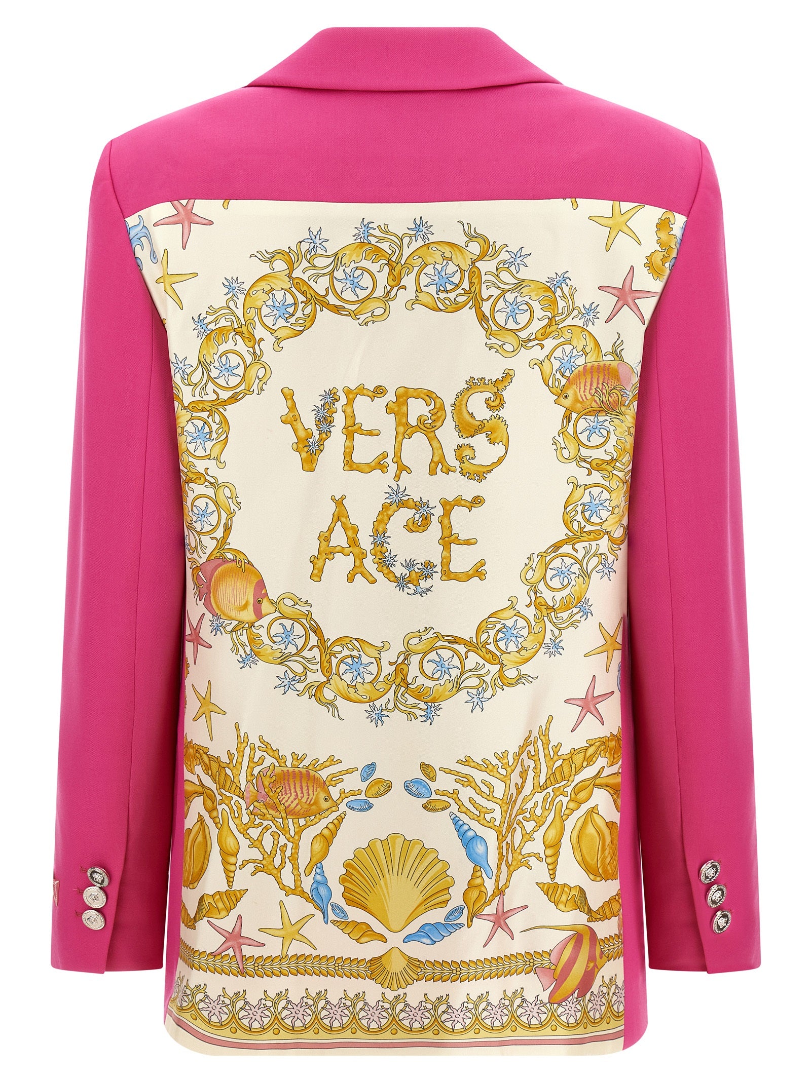 Blazer en laine vierge fuchsia de Versace, veste élégante avec logo emblématique, vue de face sur fond neutre.