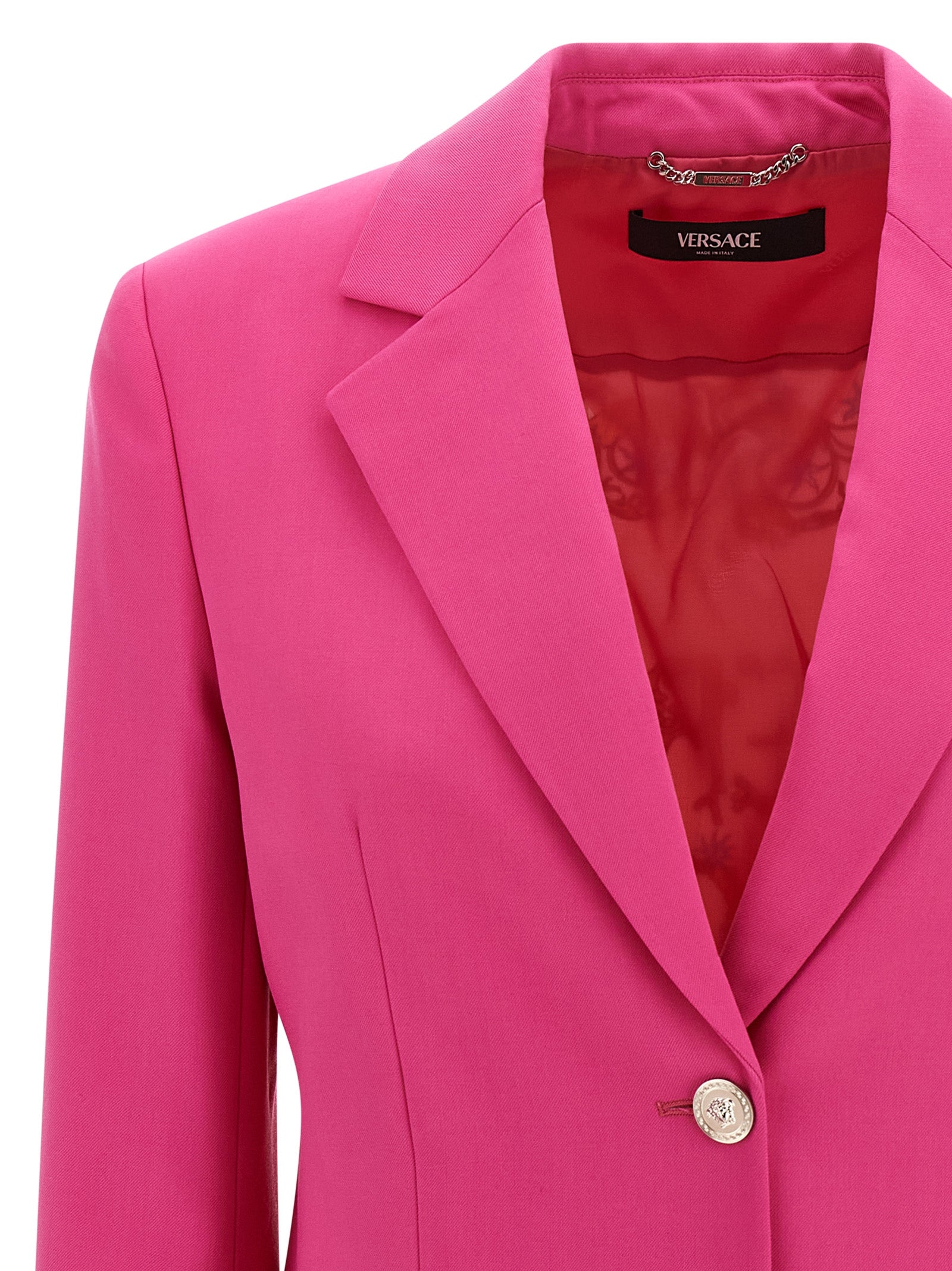 Blazer en laine vierge fuchsia de Versace, veste élégante pour femme, avec coupe ajustée et détails sophistiqués.