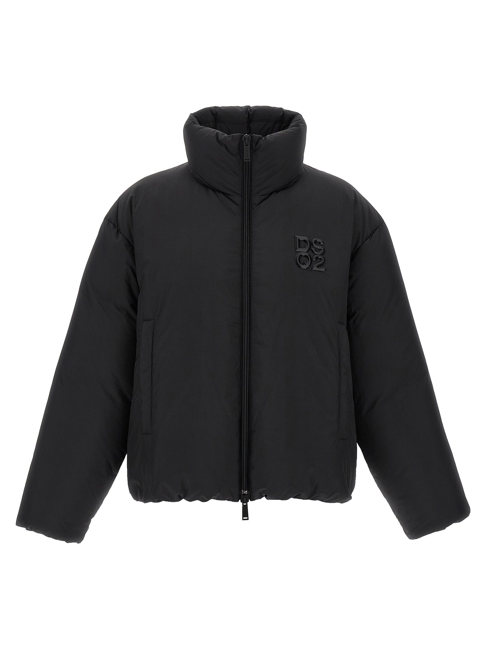 Veste longue en polyester noir de la marque Dsquared², style élégant et moderne.