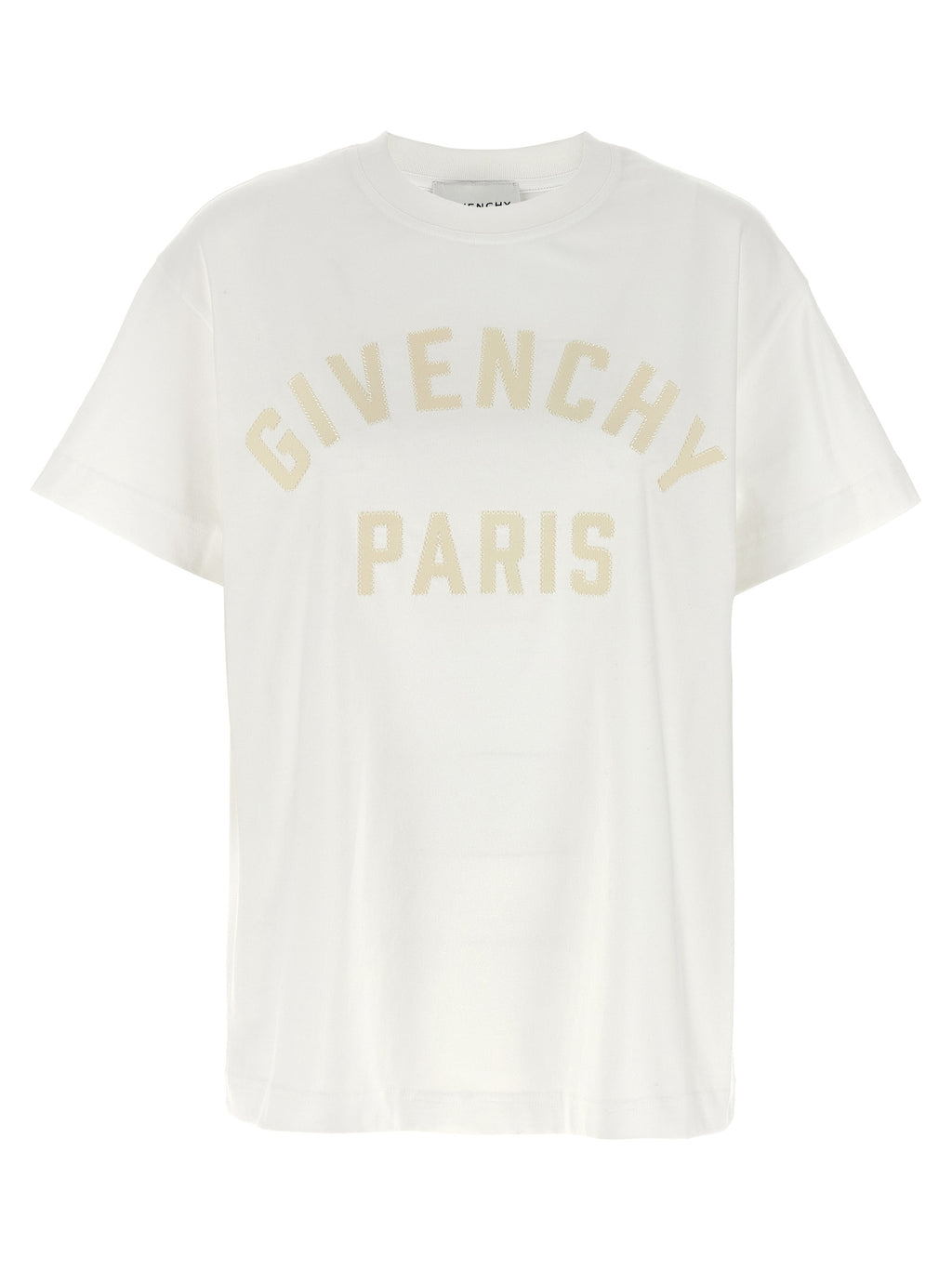 T-shirt blanc en coton de la marque Givenchy, vue de face, avec logo discret sur la poitrine.