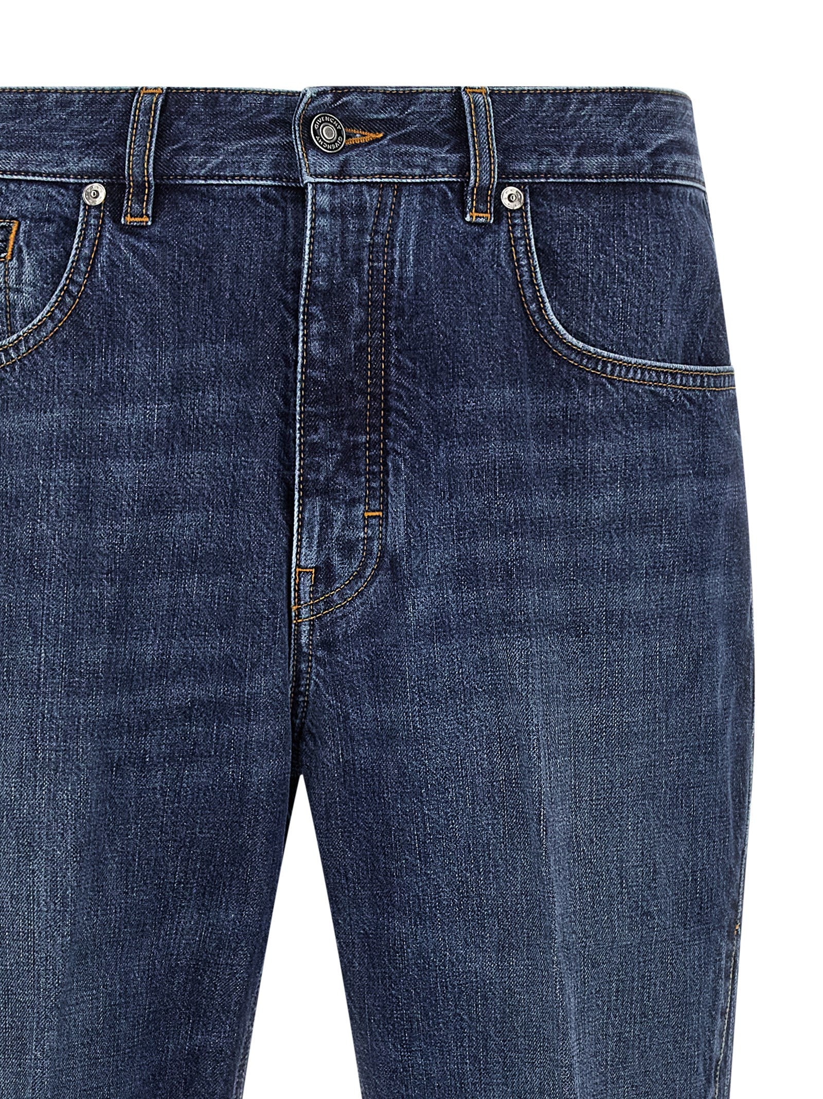 Jeans droits en coton bleu de la marque Givenchy, vue de face, avec coupe classique et détails modernes.