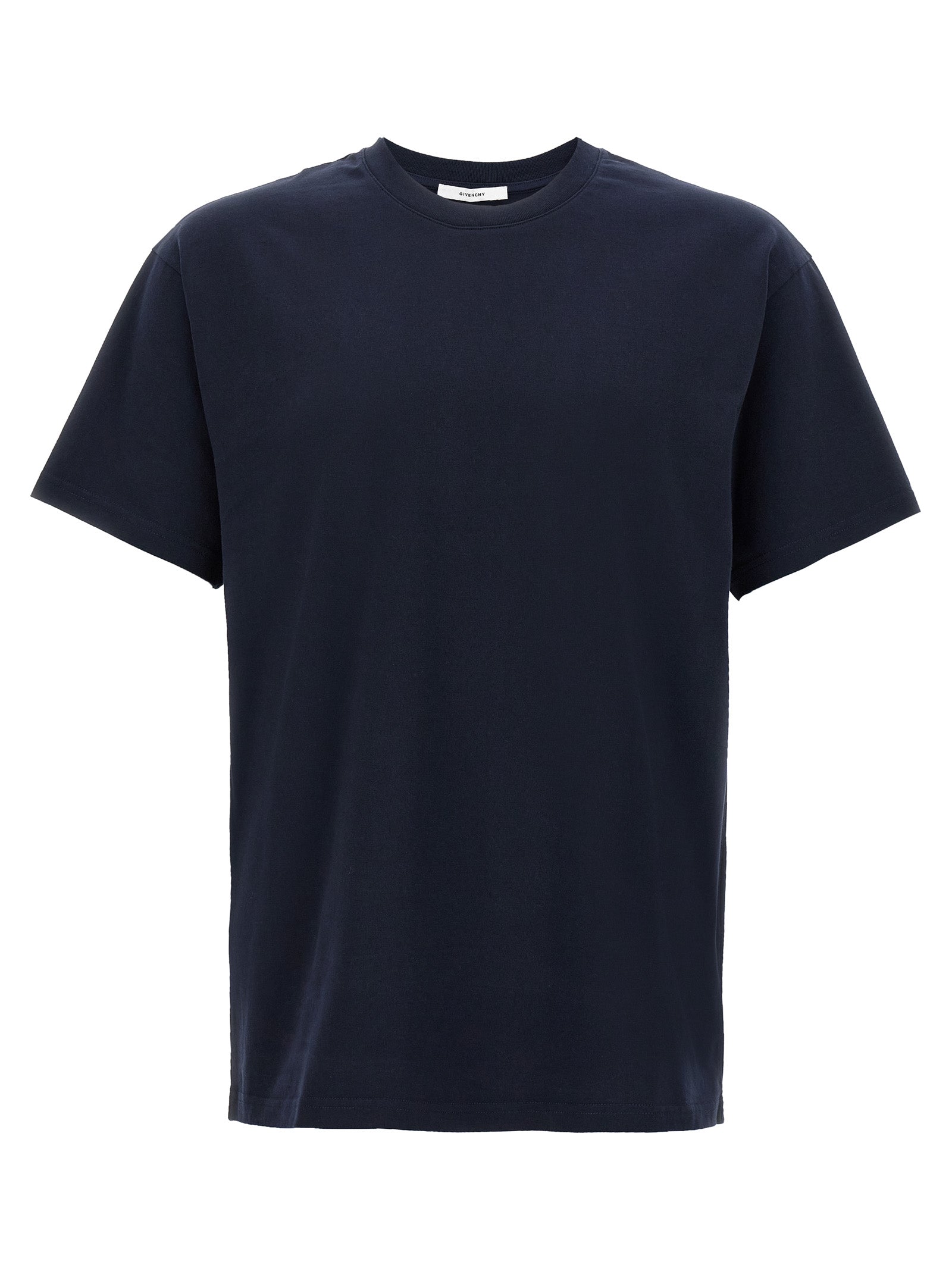 T-shirt en coton bleu Givenchy, coupe classique, visible sur un mannequin avec logo discret, style moderne et élégant.