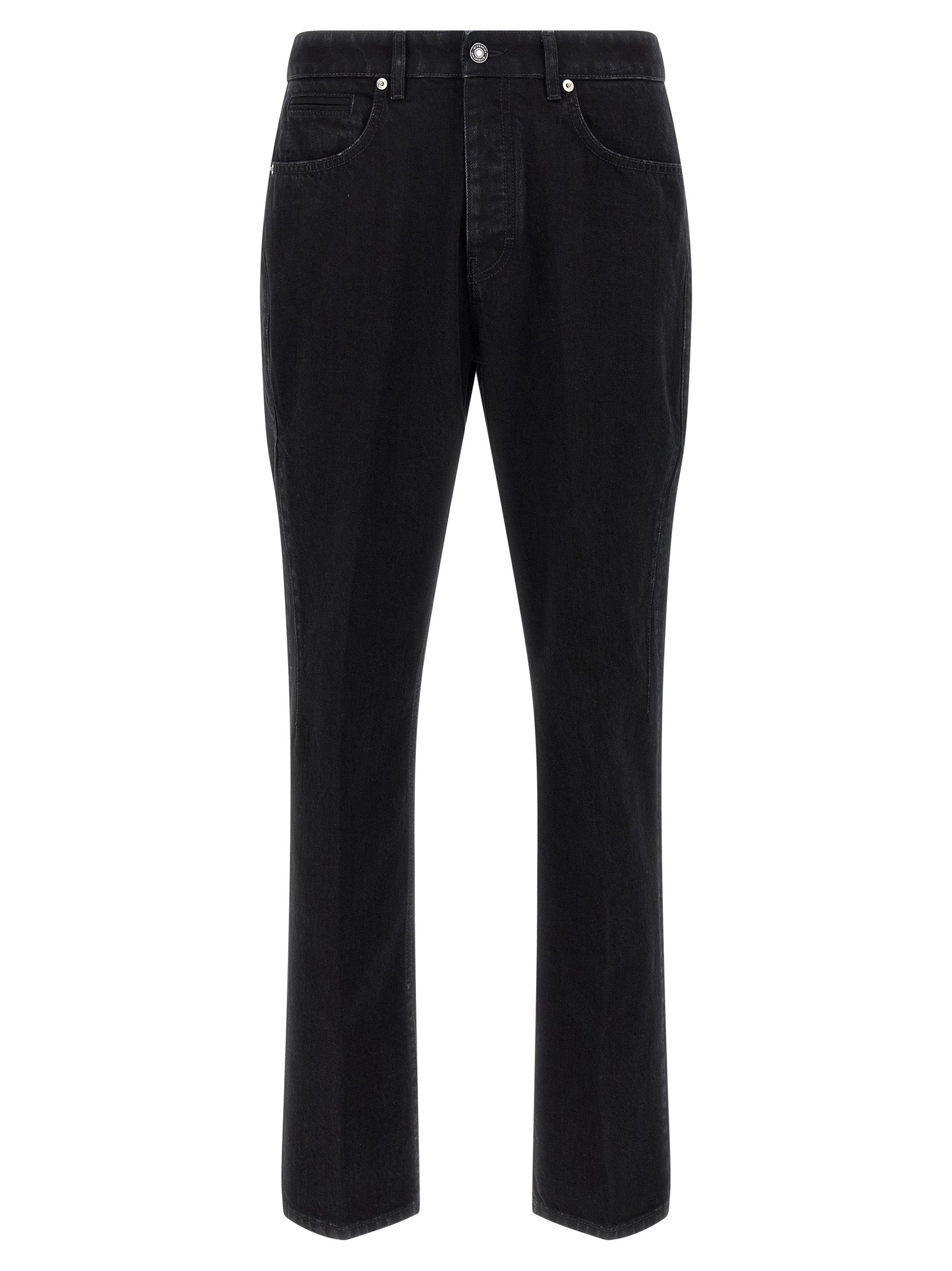 Jeans droits en coton noir de Givenchy, silhouette classique, vue de face avec détails de la coupe droite.