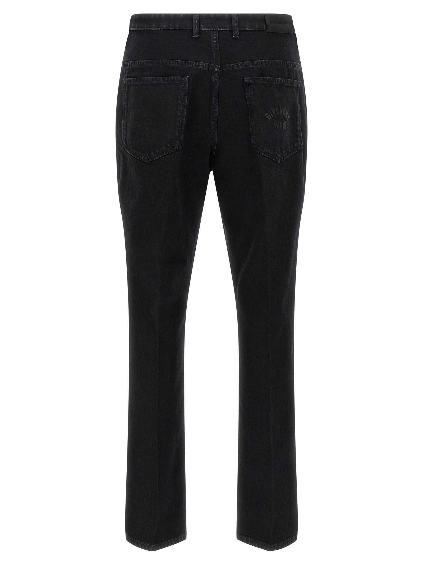 Jeans noirs en coton Givenchy, coupe droite, visible détails de la matière et de la finition sur le produit.
