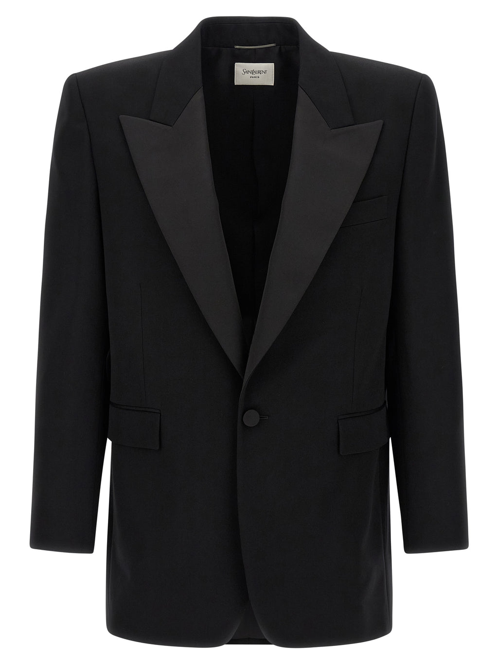 Veste en laine noire Saint Laurent, blazer élégant avec col et boutons, vue de face sur fond neutre.