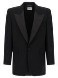 Veste en laine noire Saint Laurent, blazer élégant avec col et boutons, vue de face sur fond neutre.
