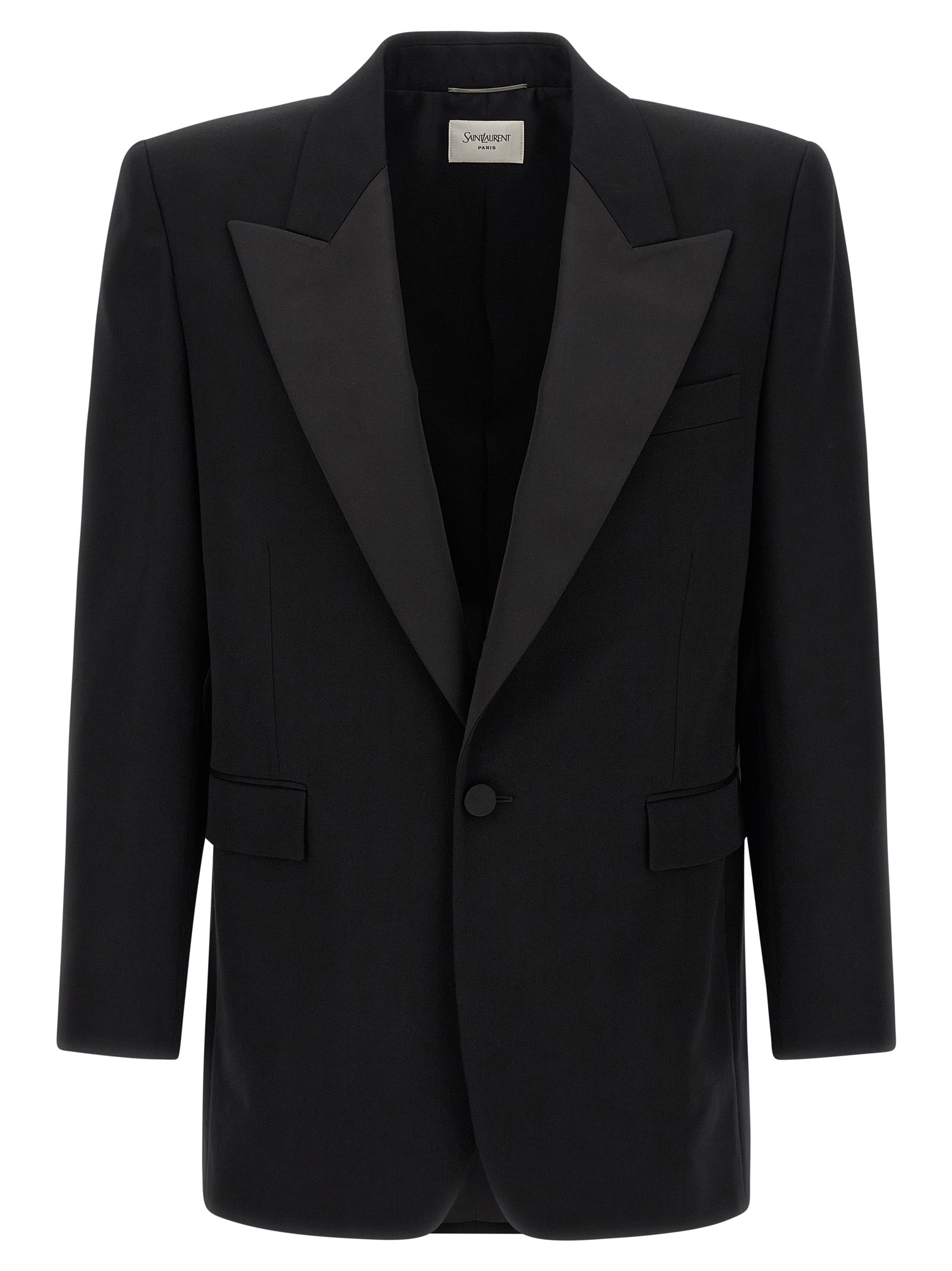 Veste en laine noire Saint Laurent, blazer élégant avec col et boutons, vue de face sur fond neutre.