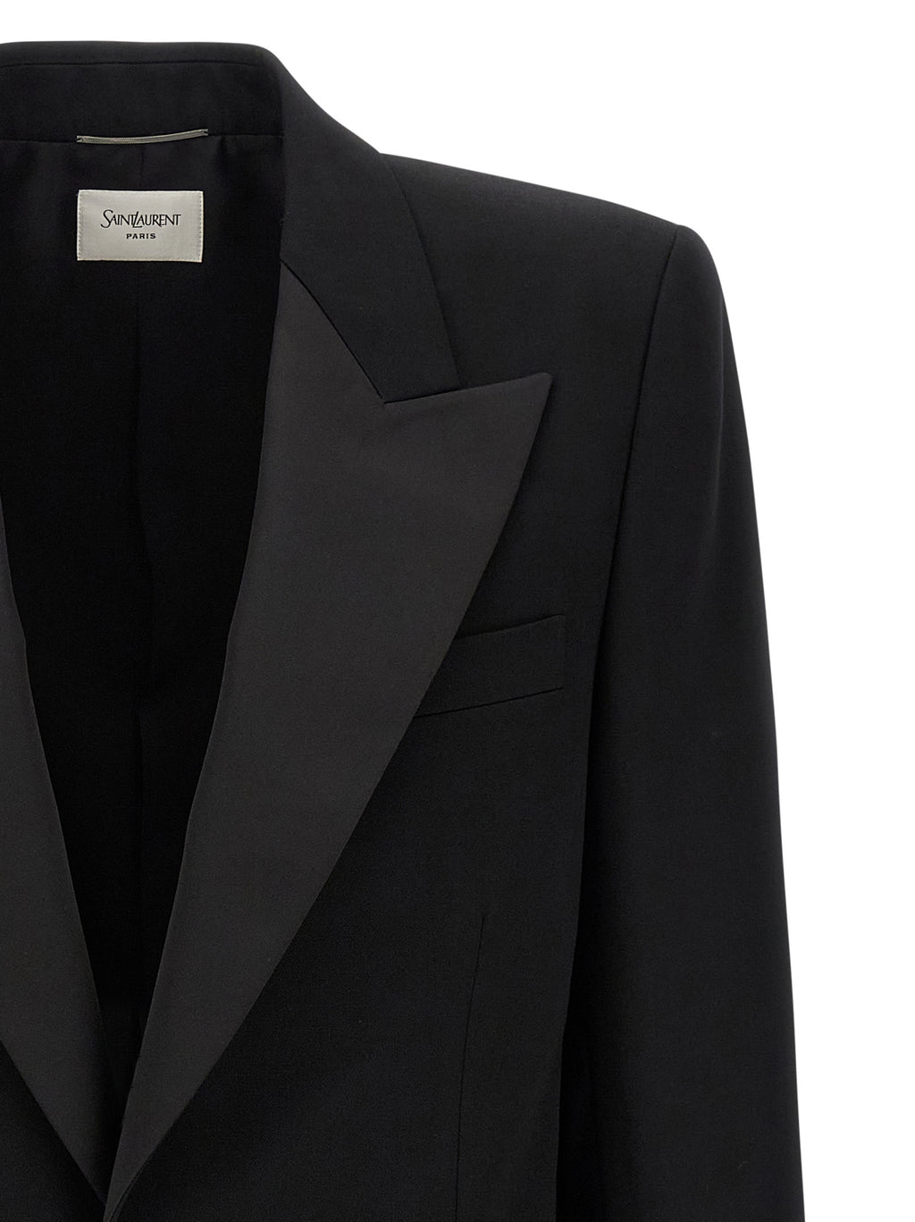 Veste blazer noire en laine de Saint Laurent, élégante, ajustée, avec boutons sophistiqués et col cranté, portée sur un mannequin.
