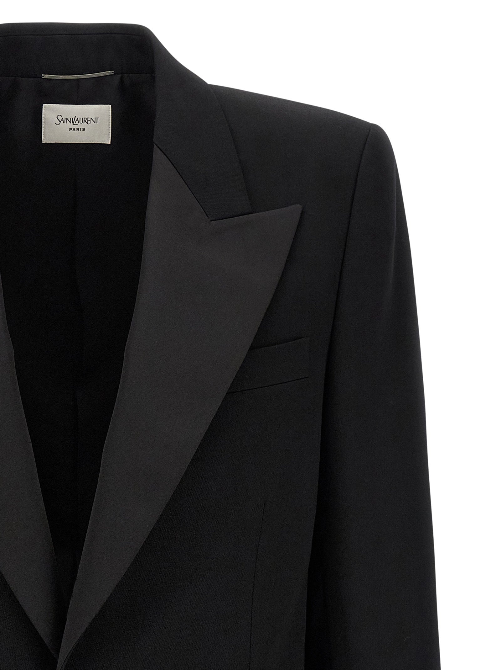 Veste blazer noire en laine de Saint Laurent, élégante, ajustée, avec boutons sophistiqués et col cranté, portée sur un mannequin.