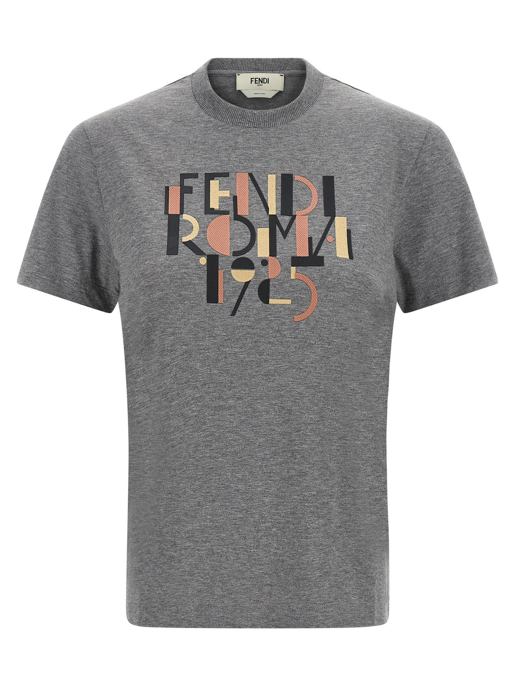 T-shirt en coton gris de Fendi, vêtement décontracté avec logo de la marque, porté sur un mannequin.