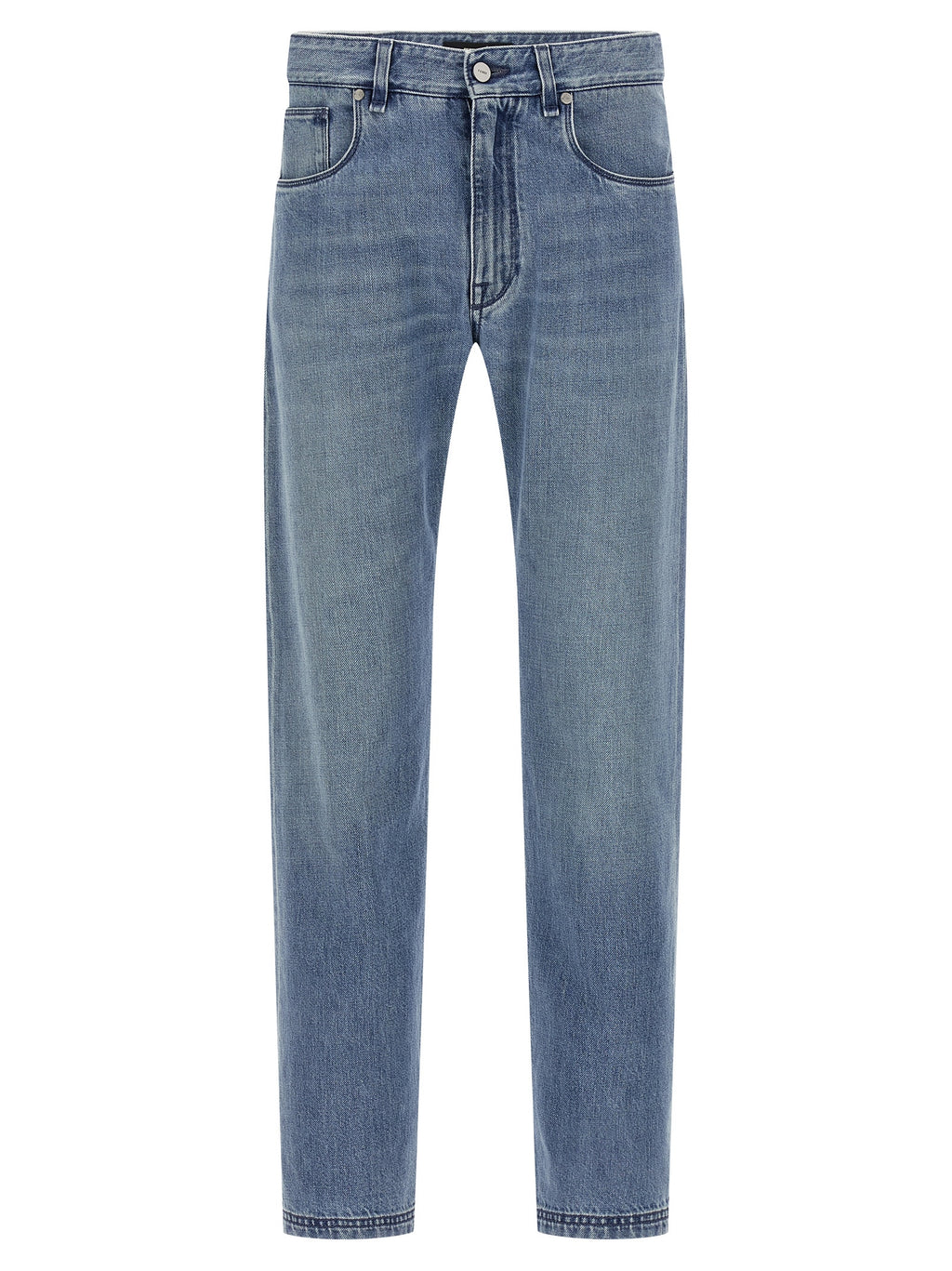 Jeans droit en coton bleu Fendi, style casual, avec fermeture à bouton et poches avant visibles.