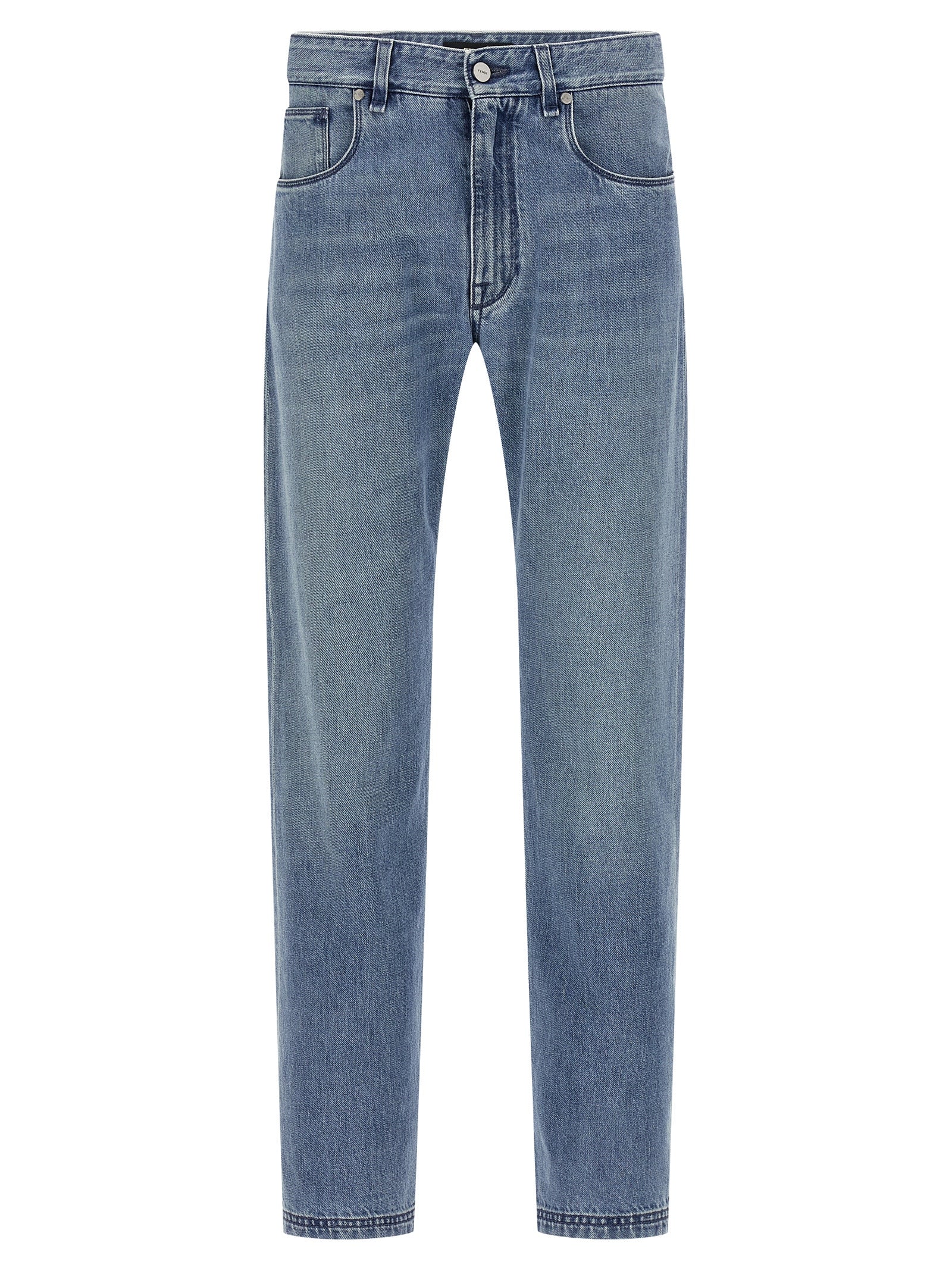 Jeans droit en coton bleu Fendi, style casual, avec fermeture à bouton et poches avant visibles.