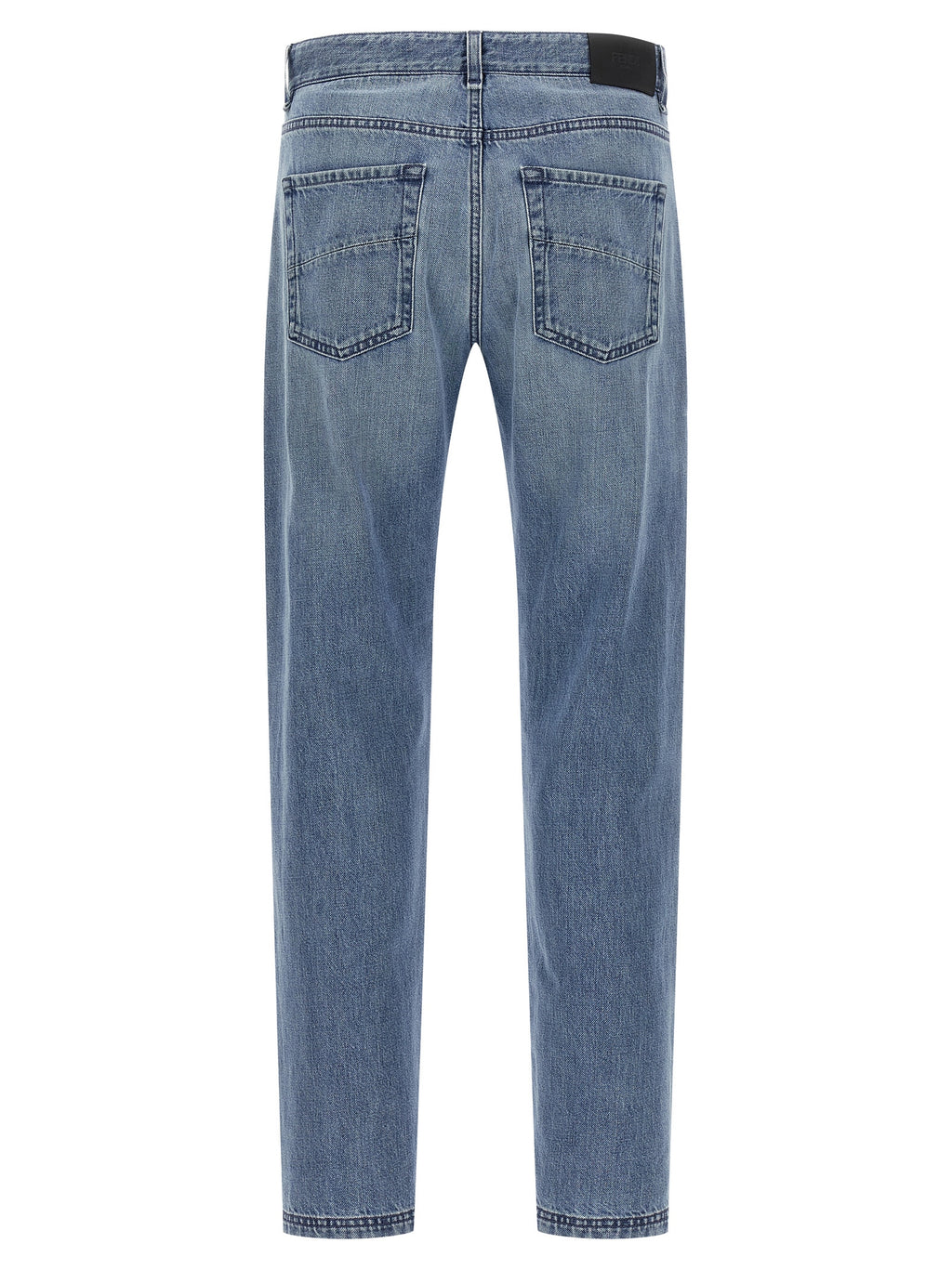 Jeans droits en coton bleu de la marque Fendi, vue de face, avec détails de couture visibles.