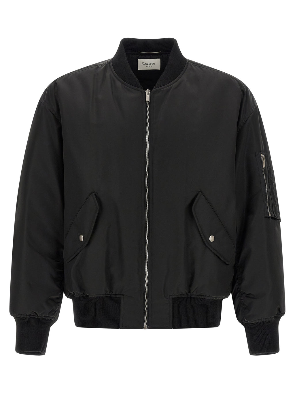 Veste bomber noire en polyamide de Saint Laurent, style élégant et moderne, avec fermeture éclair et col montant visible sur l'image.