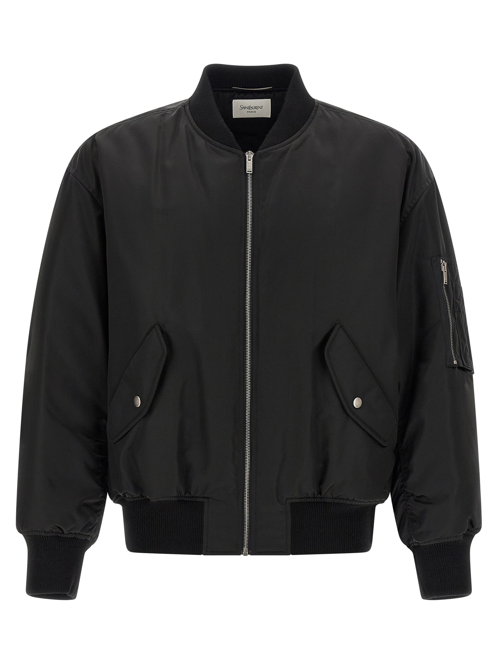 Veste bomber noire en polyamide de Saint Laurent, style élégant et moderne, avec fermeture éclair et col montant visible sur l'image.