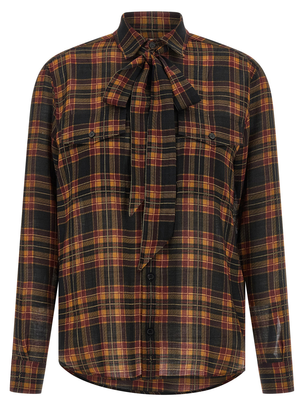 Blouse en laine multicolore Saint Laurent avec manches longues et col chemise, élégante et sophistiquée.