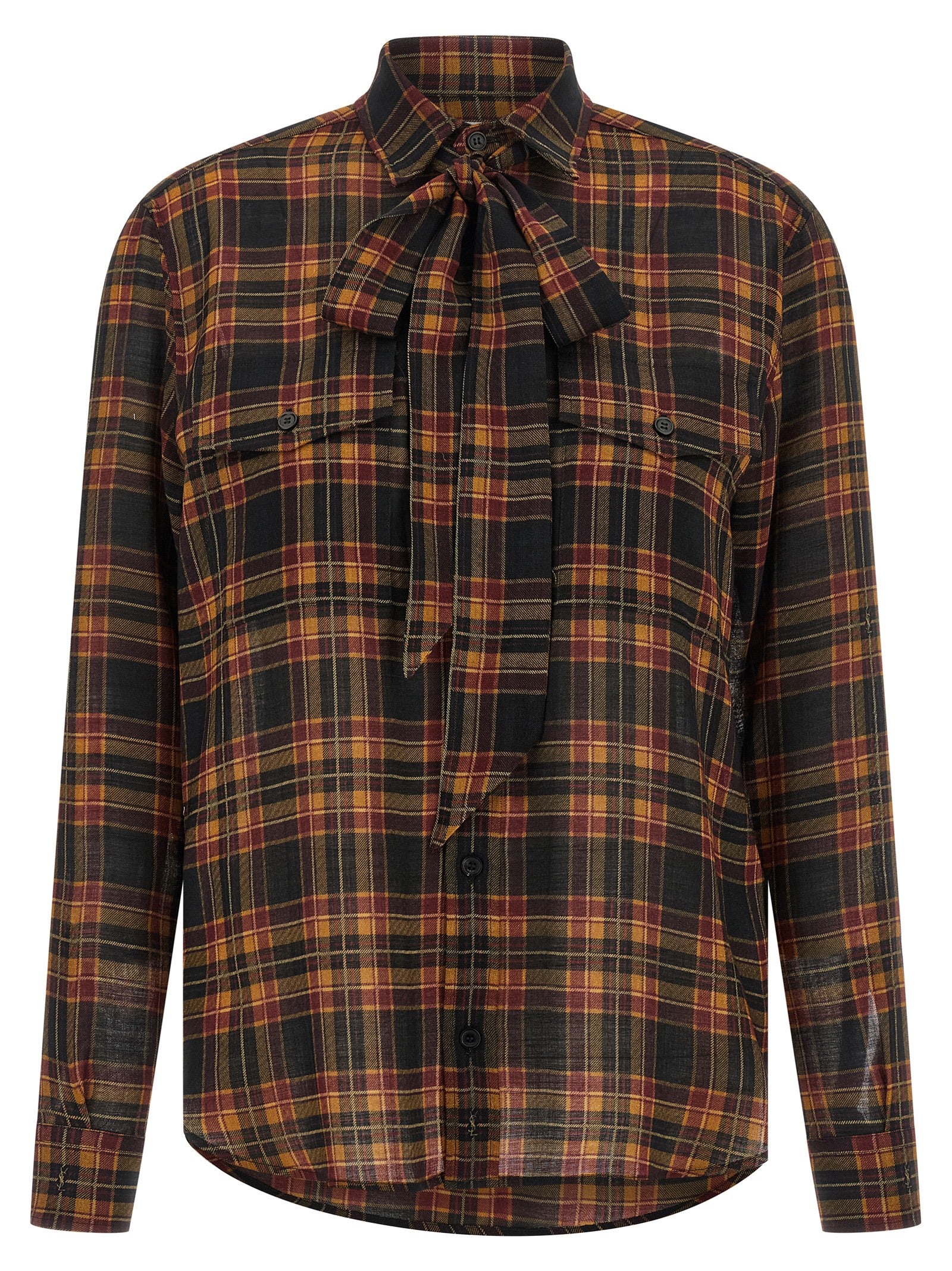 Blouse en laine multicolore Saint Laurent avec manches longues et col chemise, élégante et sophistiquée.