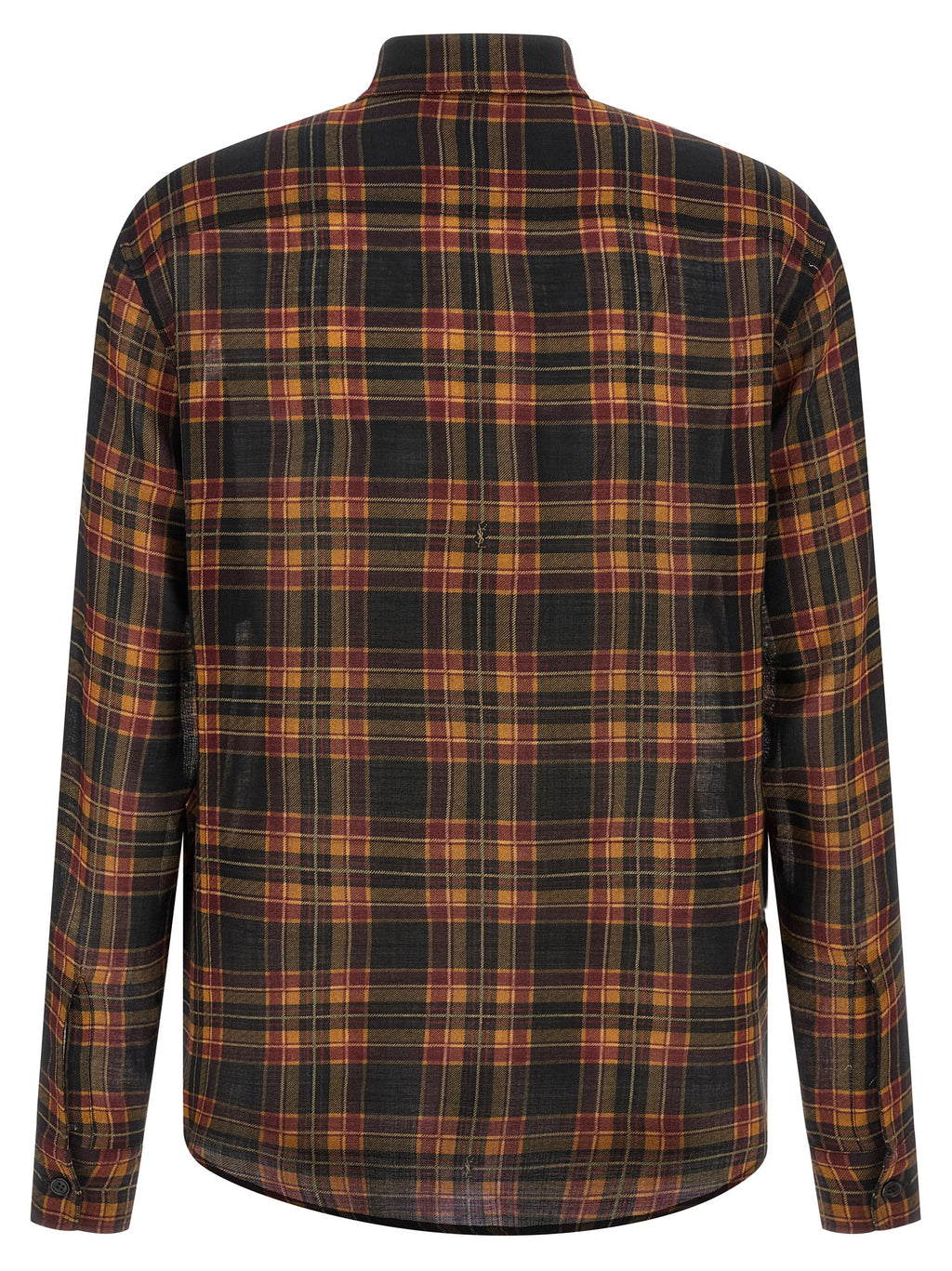 Blouse en laine multicolore Saint Laurent avec motif élégant, manches longues et col en V visible sur l'image.