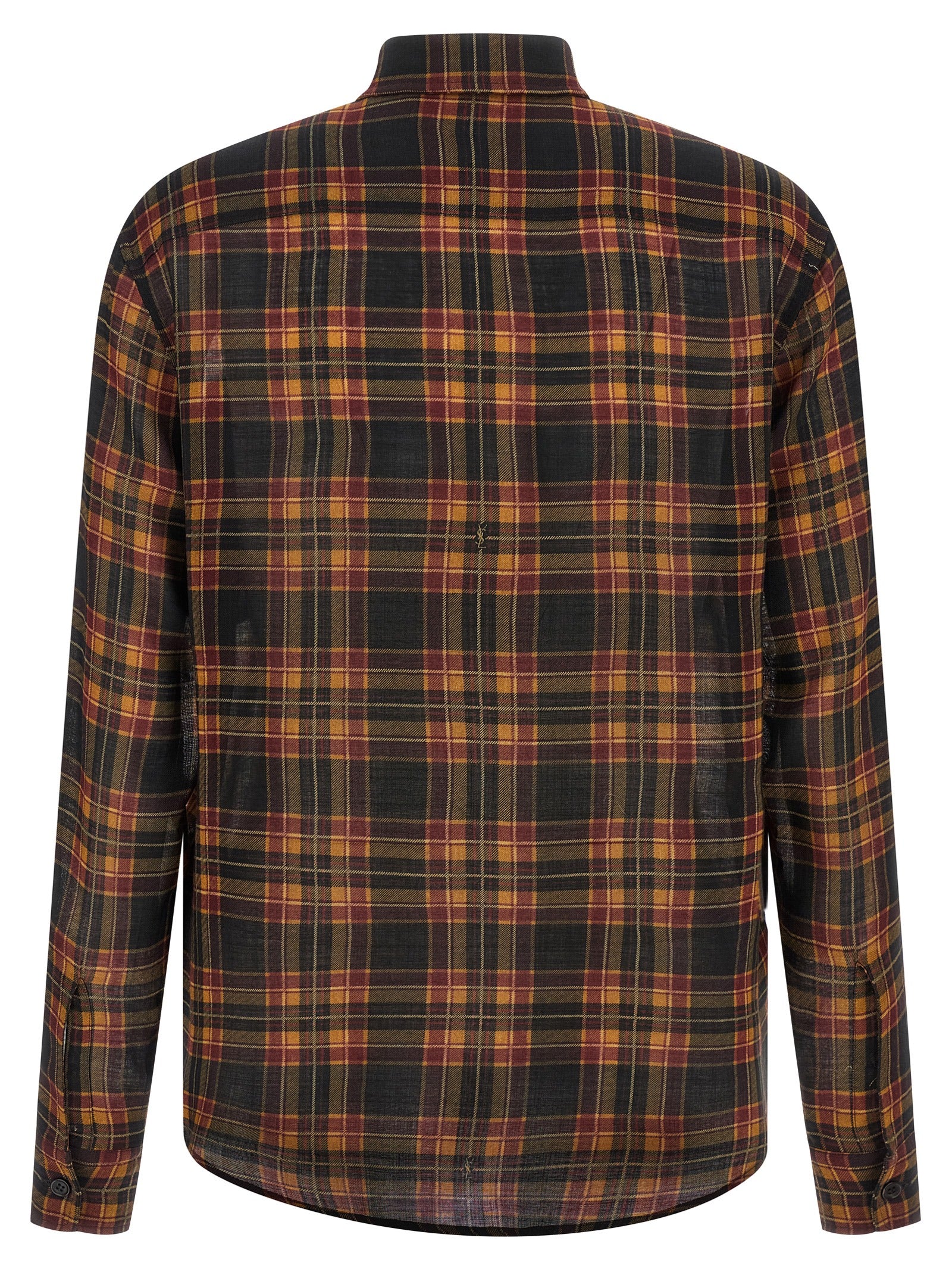 Blouse en laine multicolore Saint Laurent avec motif élégant, manches longues et col en V visible sur l'image.