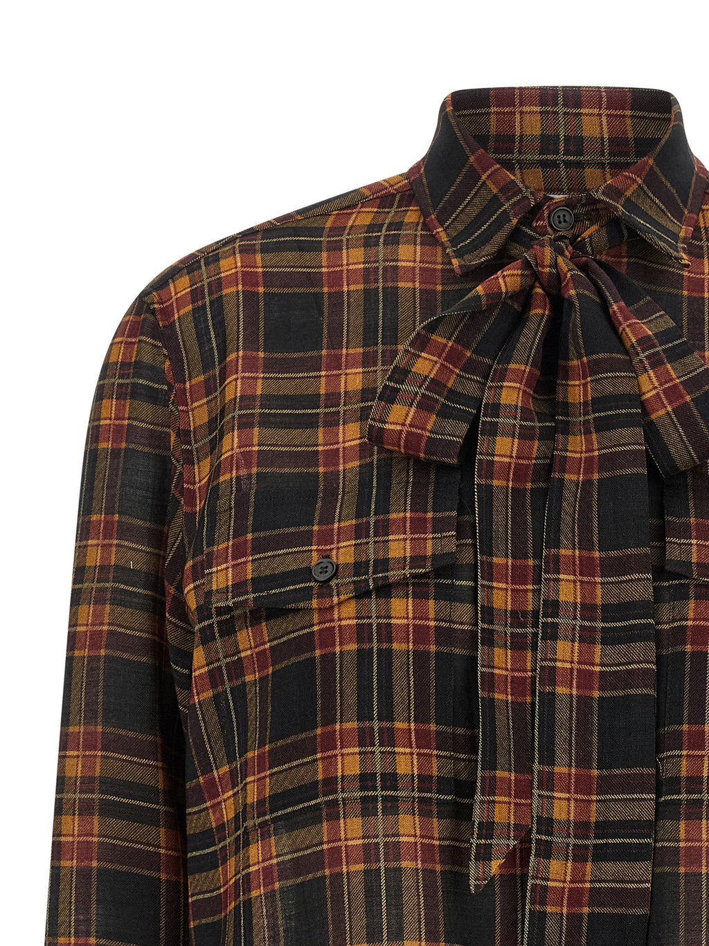Blouse en laine multicolore Saint Laurent avec motifs colorés et coupe élégante, portée sur un mannequin.