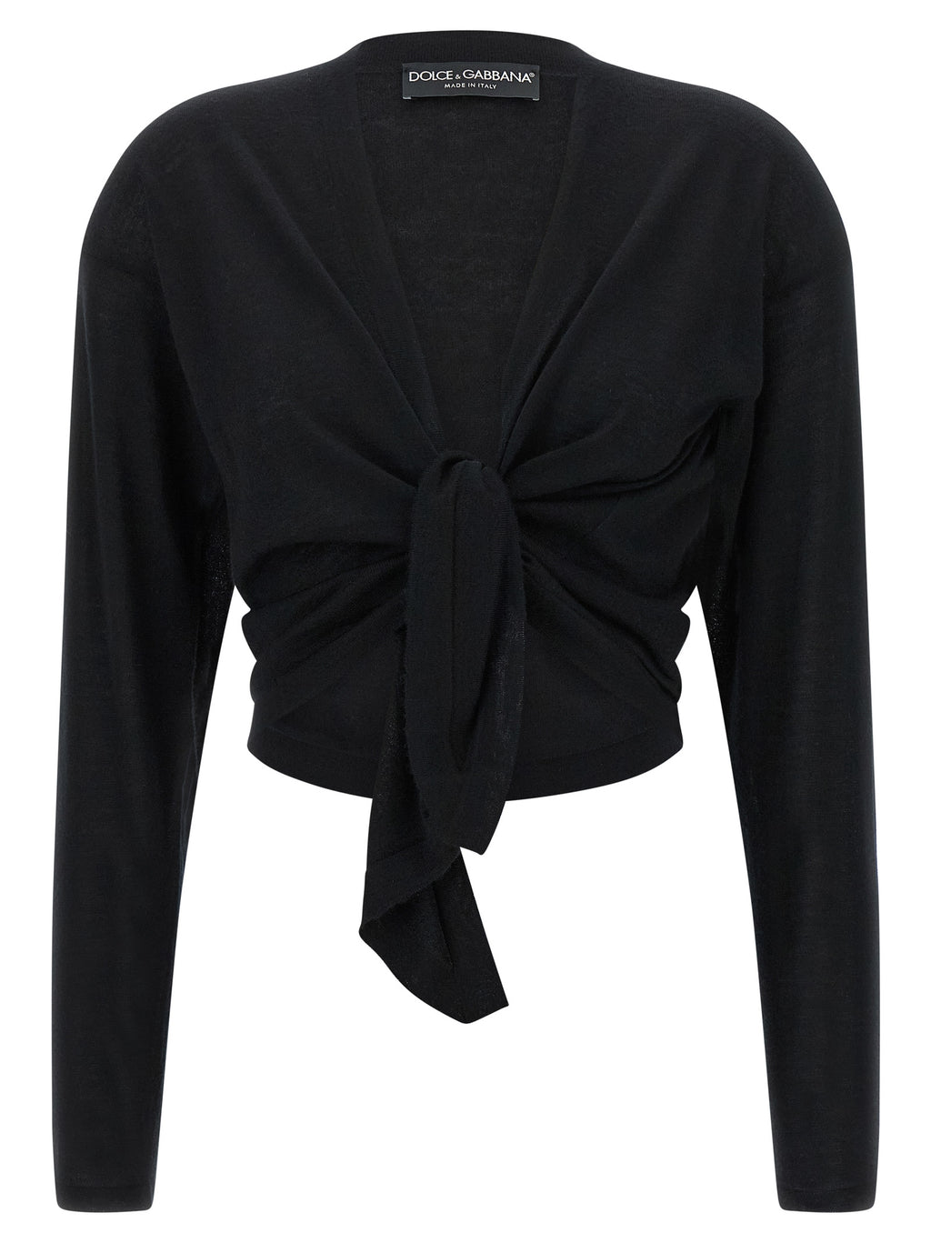 Cardigan en cachemire noir Dolce & Gabbana porté, avec détails élégants, pour homme ou femme, en gros plan.
