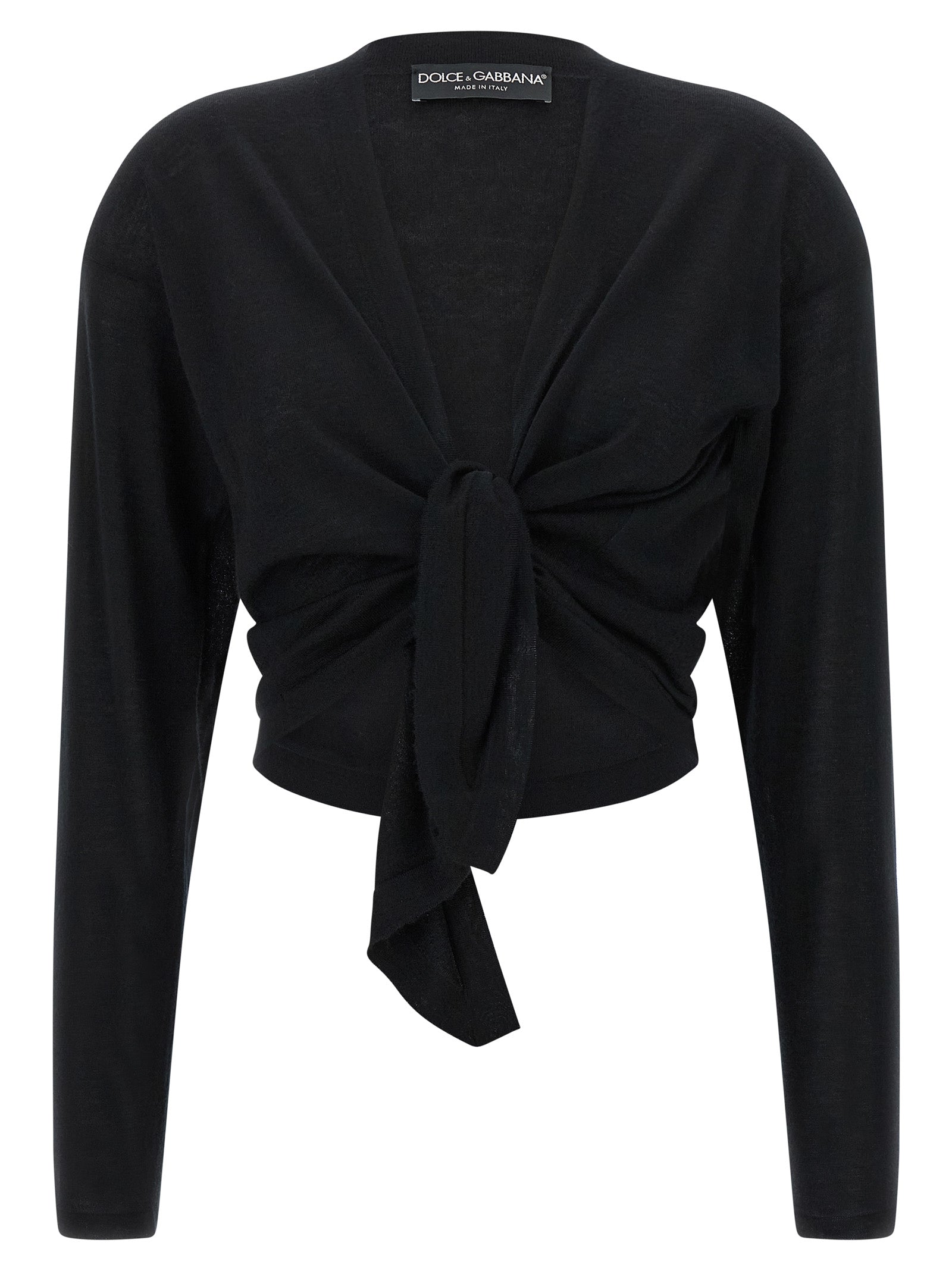 Cardigan en cachemire noir Dolce & Gabbana porté, avec détails élégants, pour homme ou femme, en gros plan.