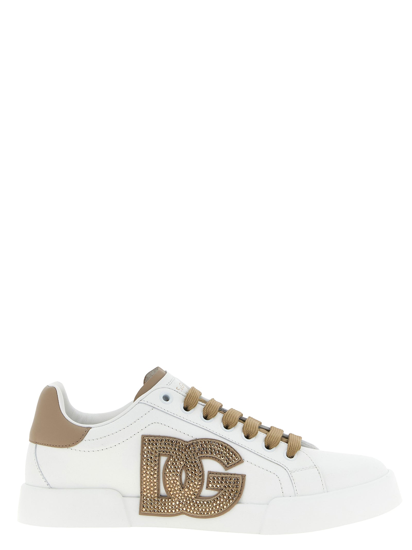 Sneakers en cuir de veau beige de Dolce & Gabbana, style décontracté et élégant, vue de face avec détails en cuir et semelle blanche