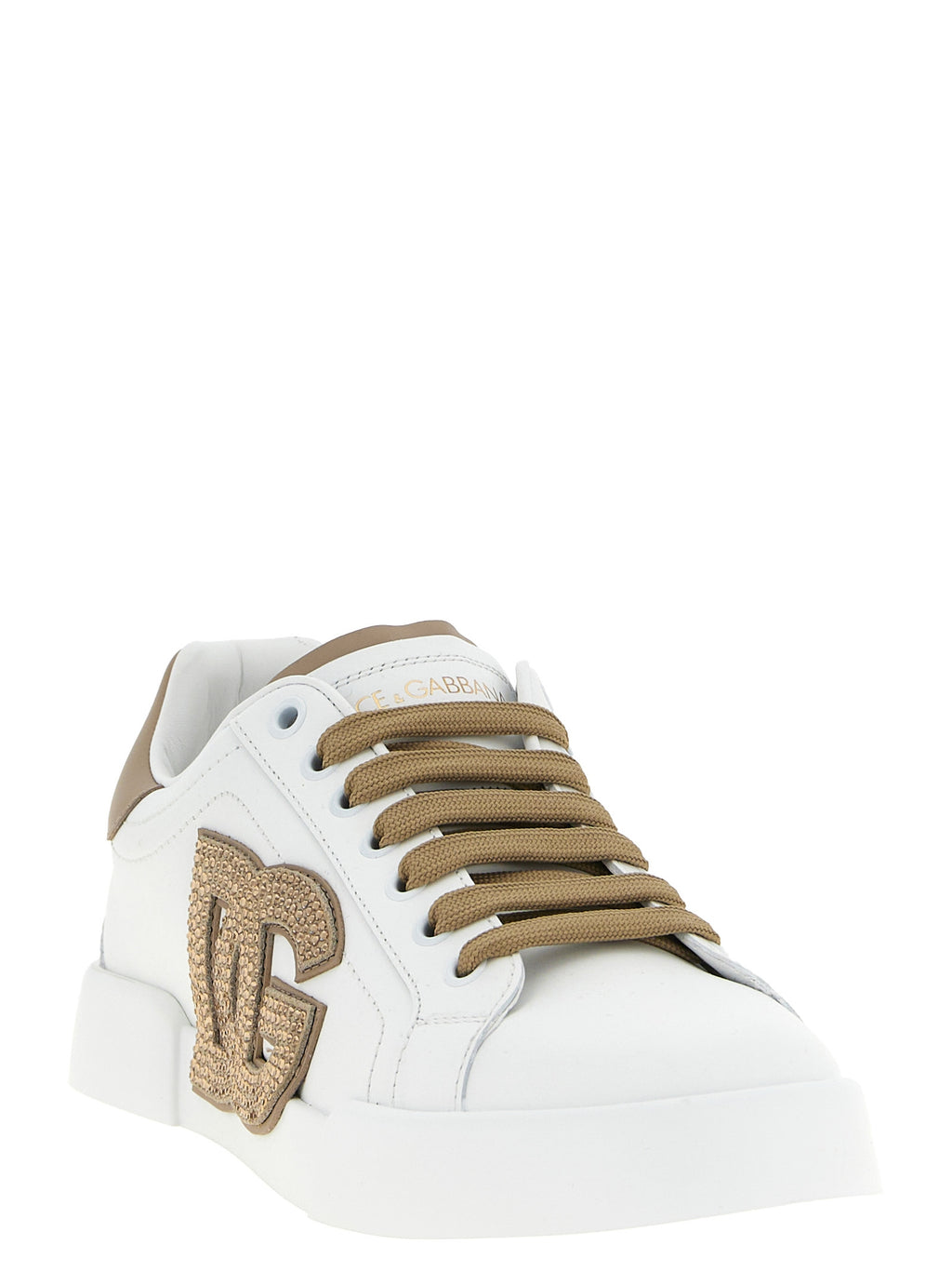 Sneakers beige en cuir de veau Dolce & Gabbana avec semelle blanche, vue de face.