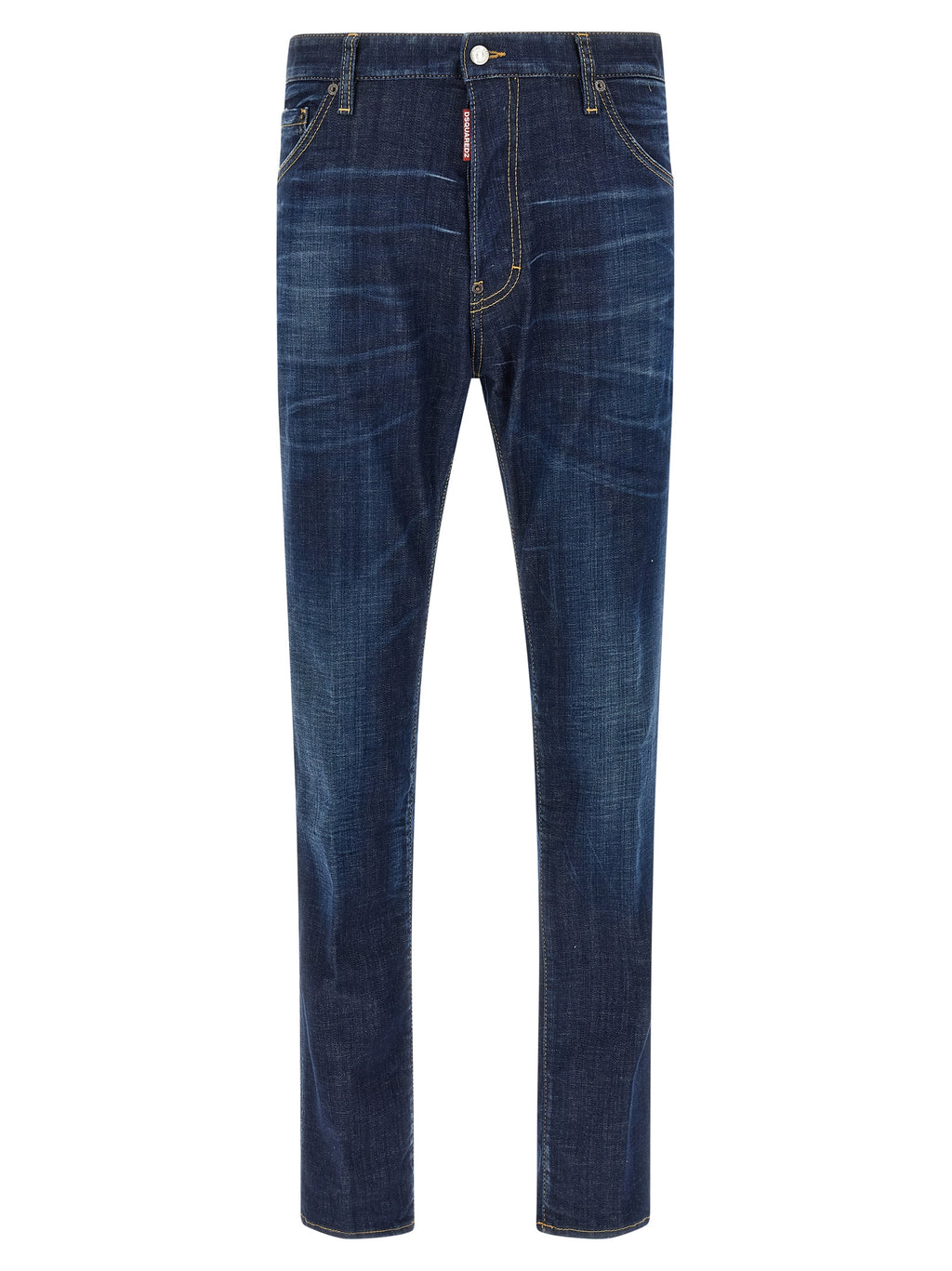 Jeans droits en coton bleu Dsquared², vue frontale avec détails de coupe et coutures visibles.