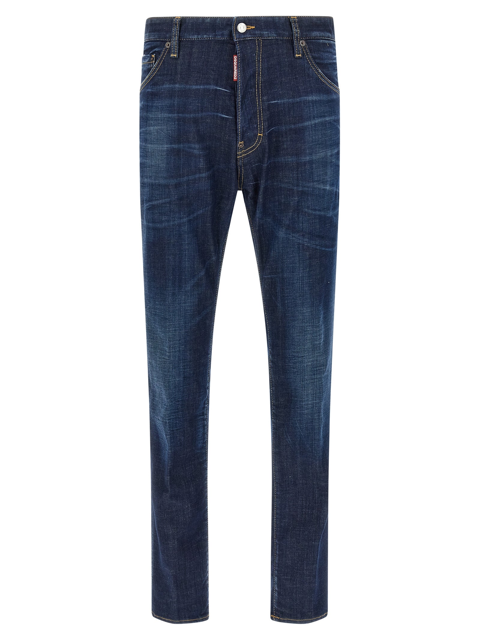Jeans droits en coton bleu Dsquared², vue frontale avec détails de coupe et coutures visibles.