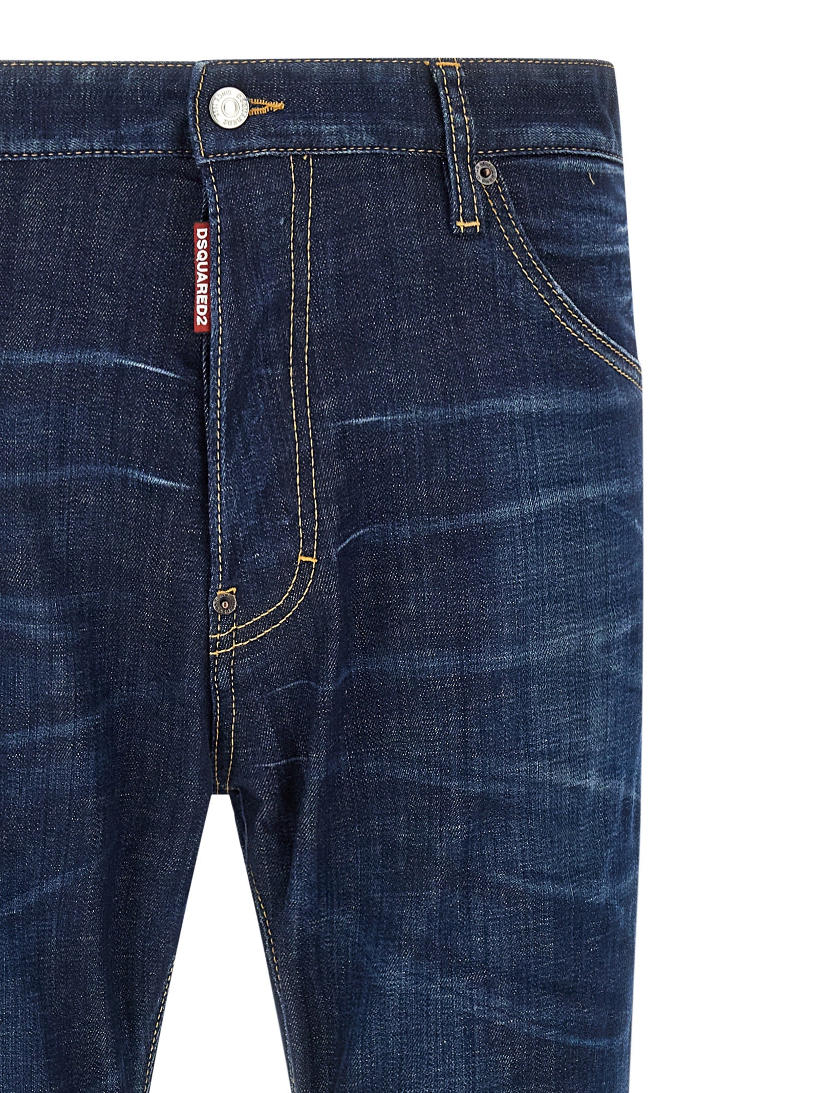 Jeans droits en coton bleu Dsquared², vue de face, avec fermeture éclair et ceinture, style décontracté.