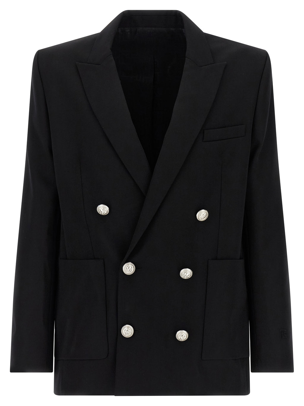 Veste blazer noire en laine vierge Balmain, coupe élégante avec détails sophistiqués, image montrant le devant du vêtement.