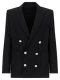 Veste blazer noire en laine vierge Balmain, coupe élégante avec détails sophistiqués, image montrant le devant du vêtement.