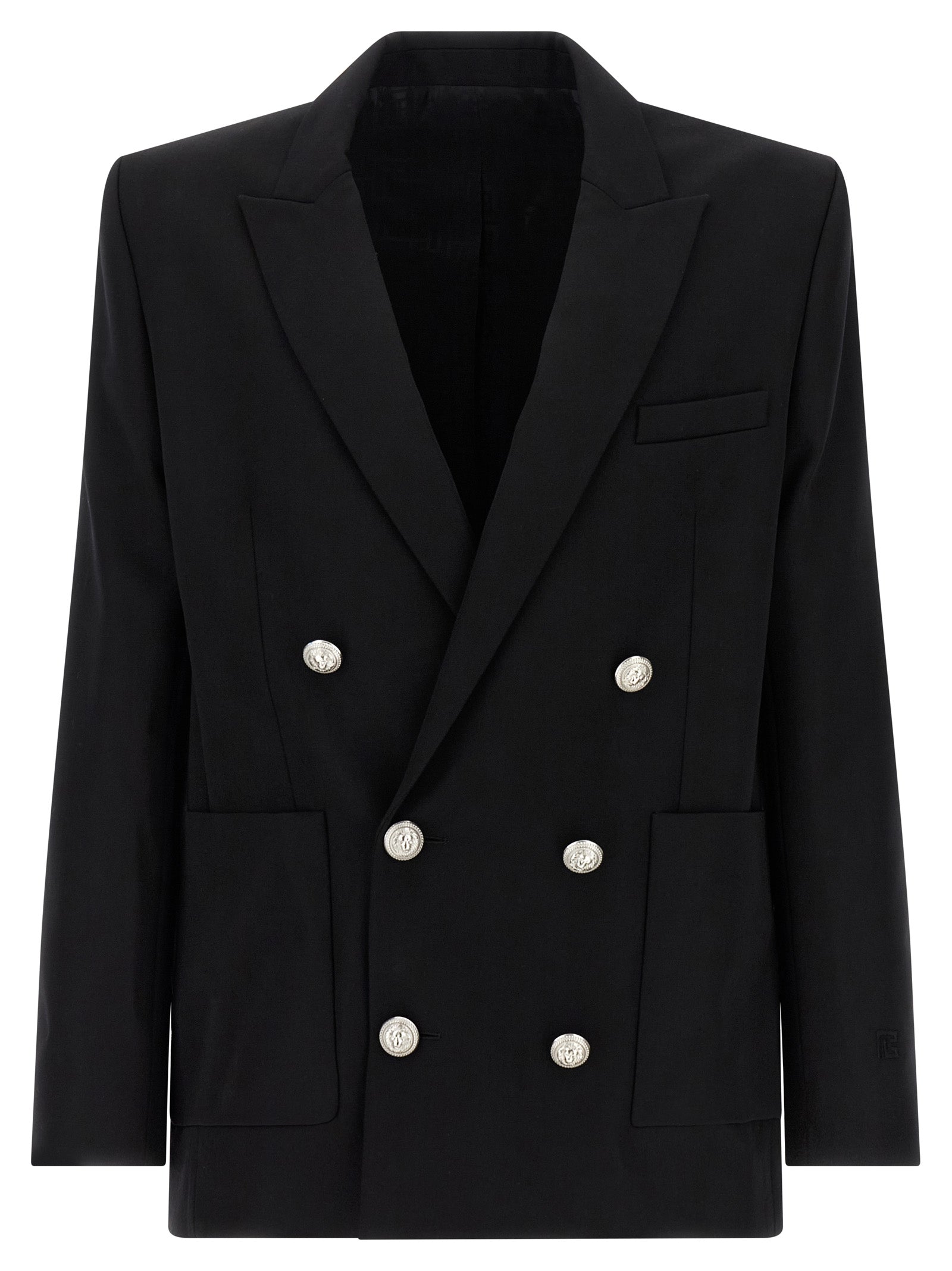 Veste blazer noire en laine vierge Balmain, coupe élégante avec détails sophistiqués, image montrant le devant du vêtement.