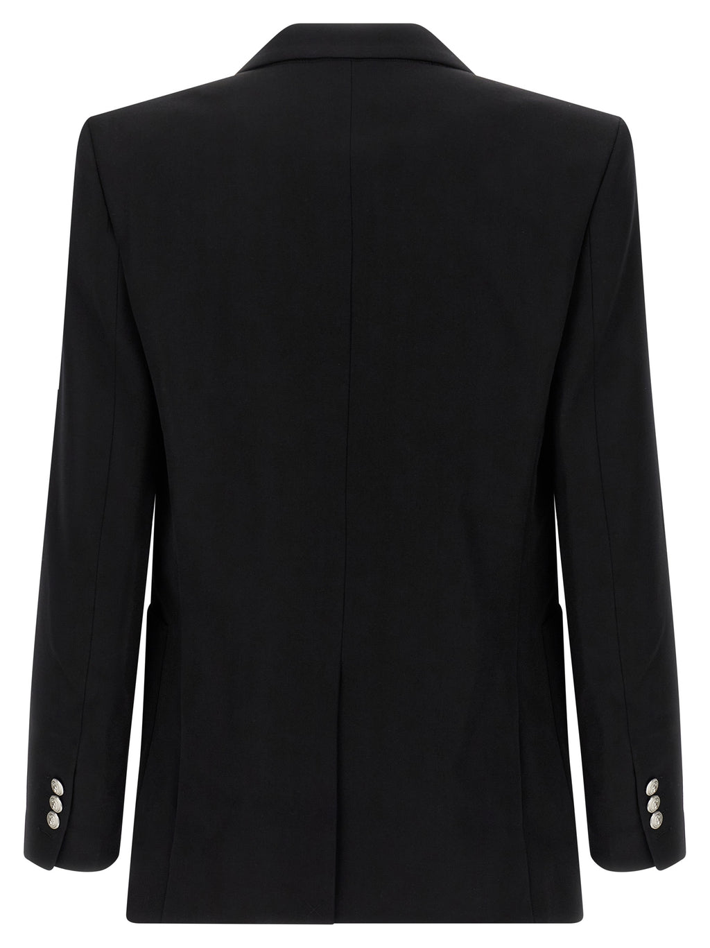 Veste blazer noire en laine vierge Balmain, ajustée et élégante, avec détails sophistiqués et boutons sur le devant.