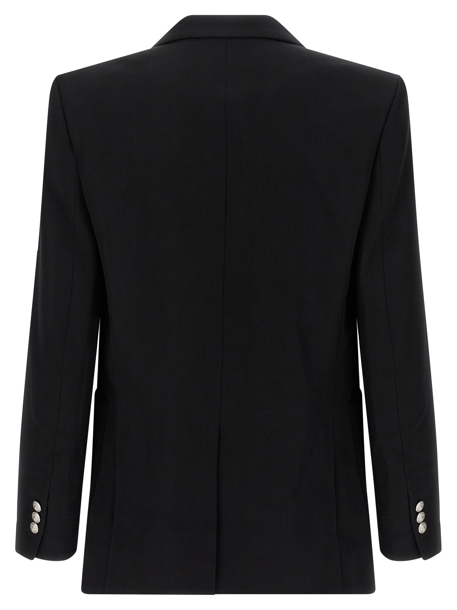 Veste blazer noire en laine vierge Balmain, ajustée et élégante, avec détails sophistiqués et boutons sur le devant.