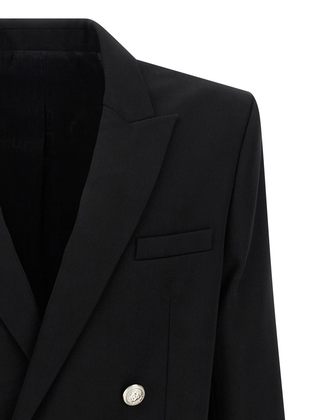 Veste blazer noire en laine vierge Balmain avec coupe élégante, boutons dorés et détails sophistiqués visibles sur l'image.