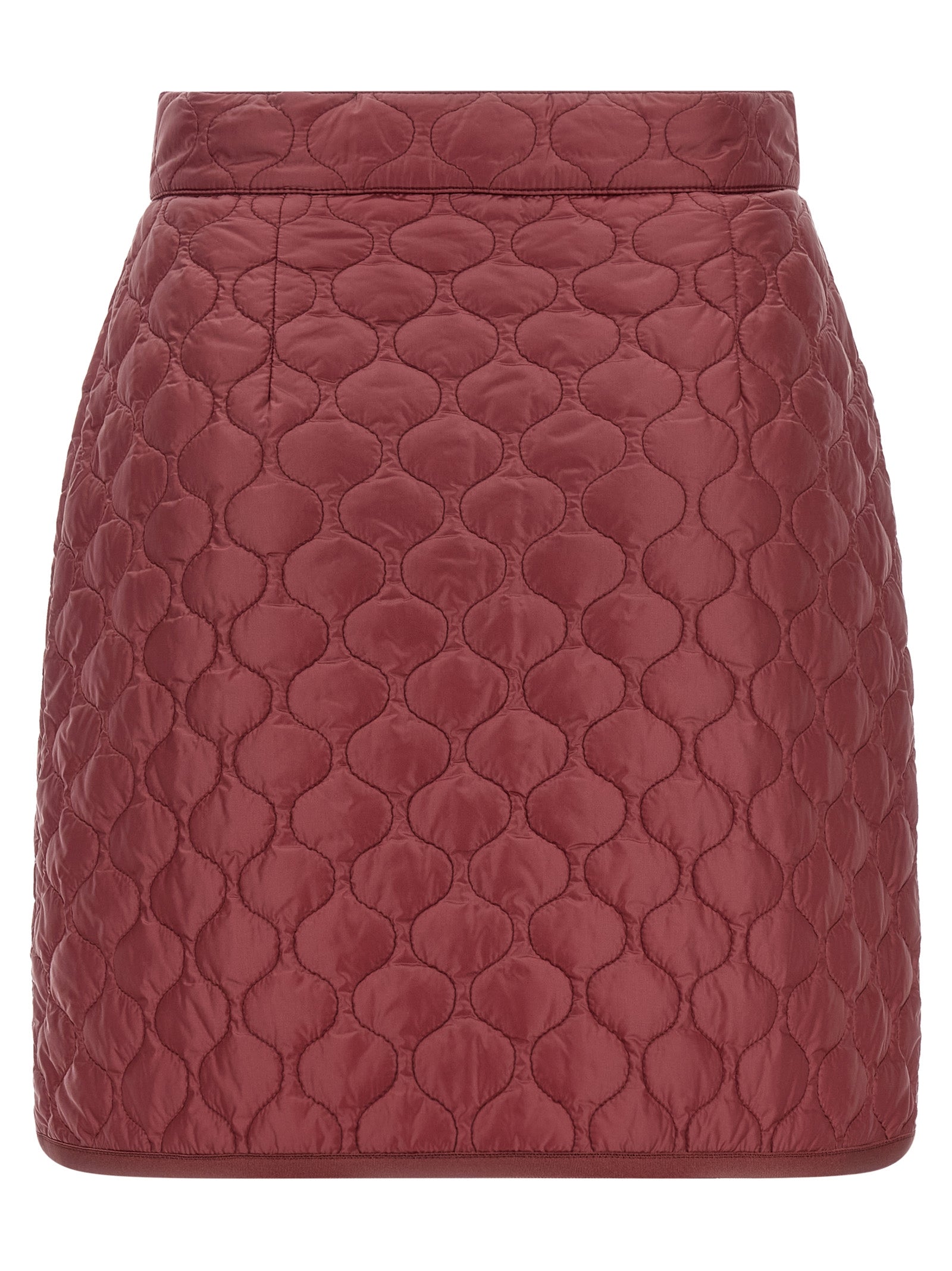Jupe longue en polyamide bordeaux de la marque Moncler, tissu léger et élégant, visible dans l'image.