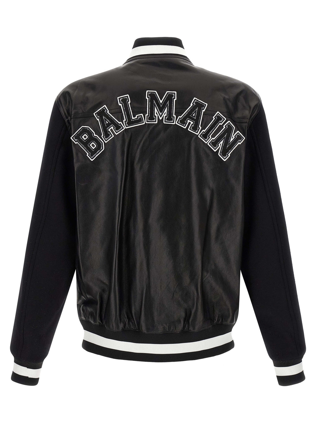 Veste en cuir de mouton bicolore Balmain, style élégant avec détails modernes, vue de face sur un mannequin.