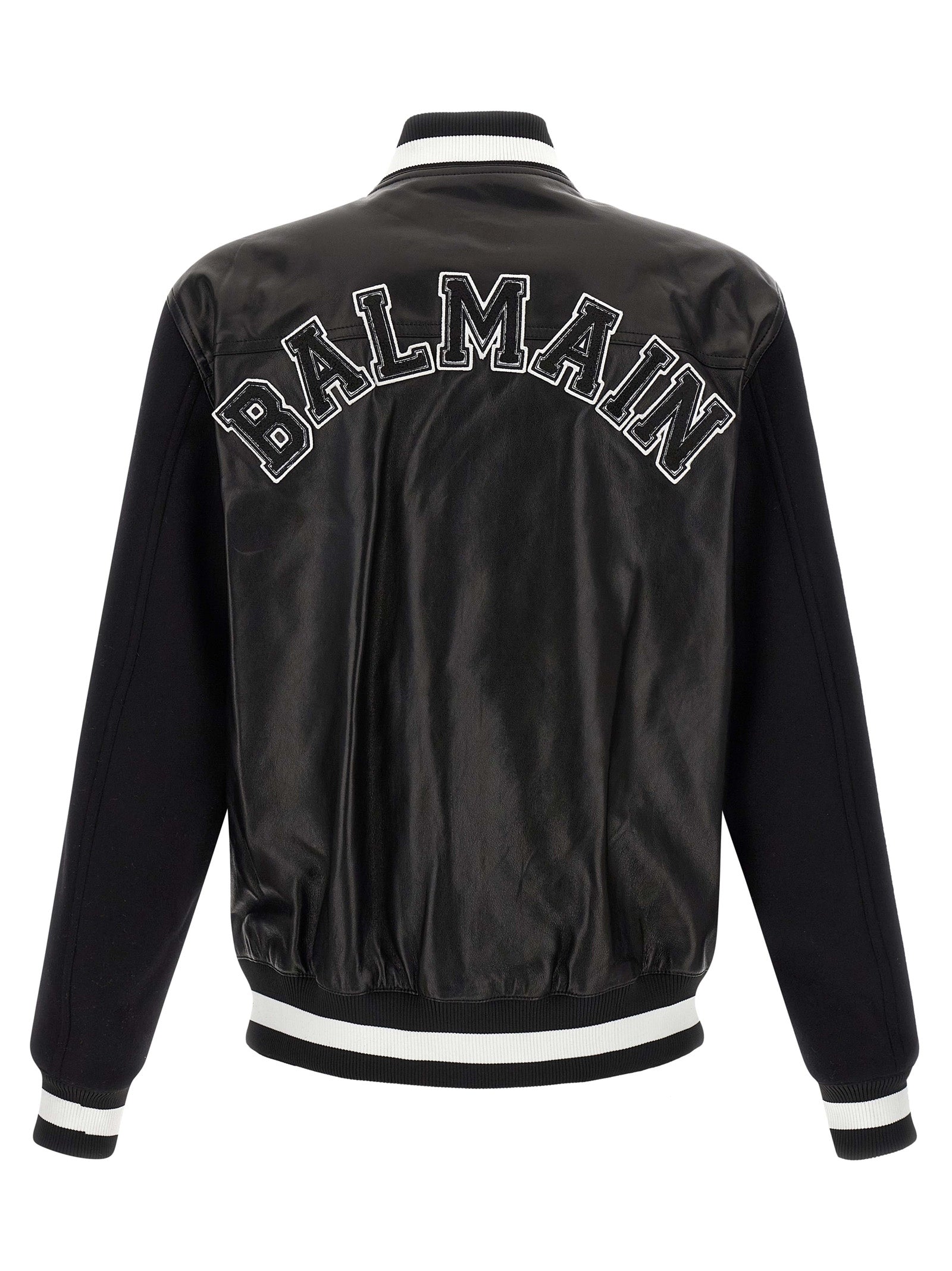Veste en cuir de mouton bicolore Balmain, style élégant avec détails modernes, vue de face sur un mannequin.