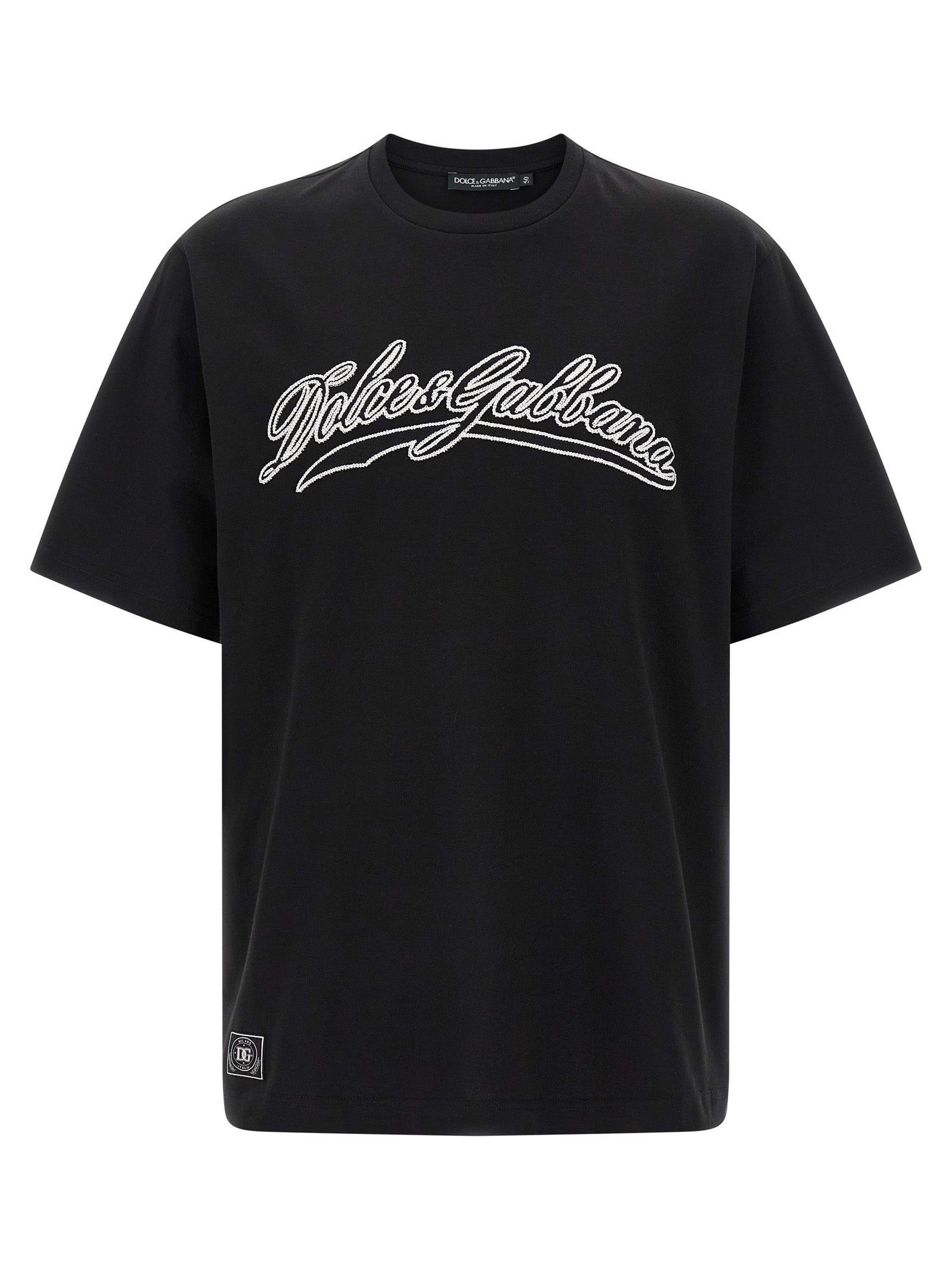 T-shirt en coton bicolore Dolce & Gabbana avec col rond et logo, porté par un mannequin.