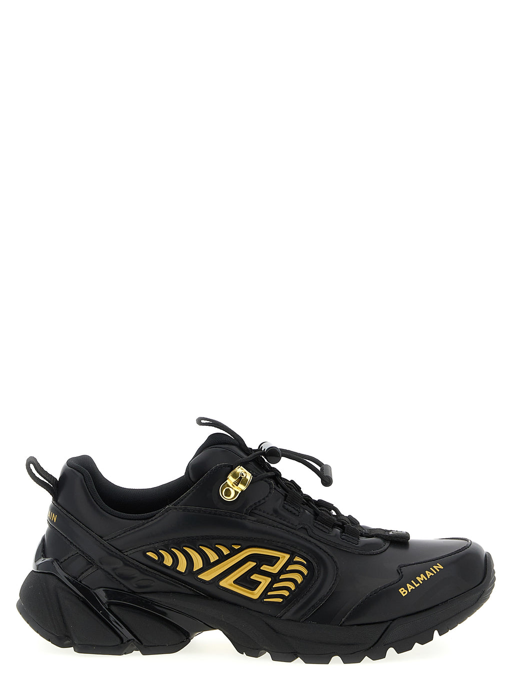 Chaussures de sport noires Balmain en nylon avec semelles épaisses et design moderne, vue de face.