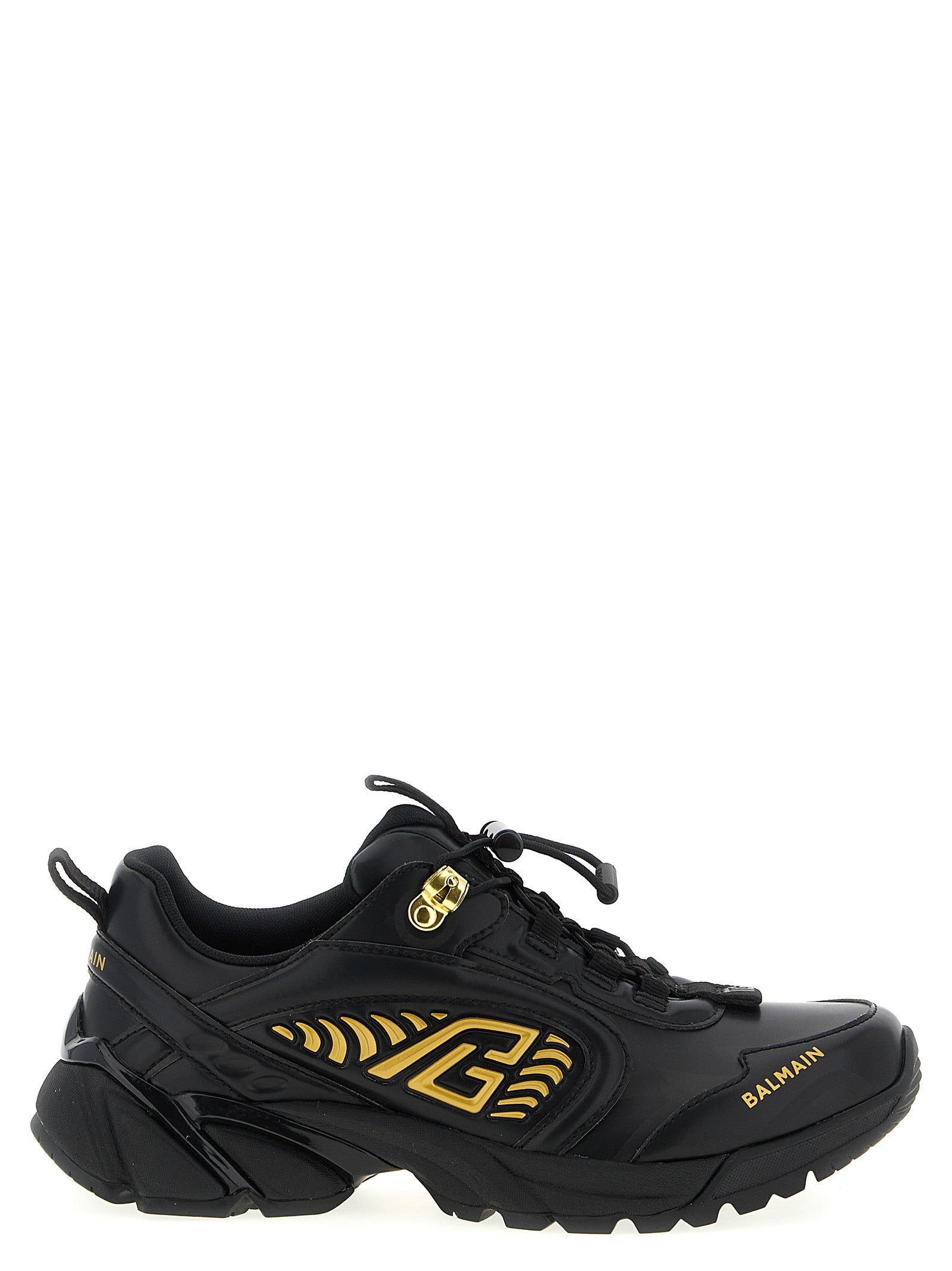 Chaussures de sport noires Balmain en nylon avec semelles épaisses et design moderne, vue de face.