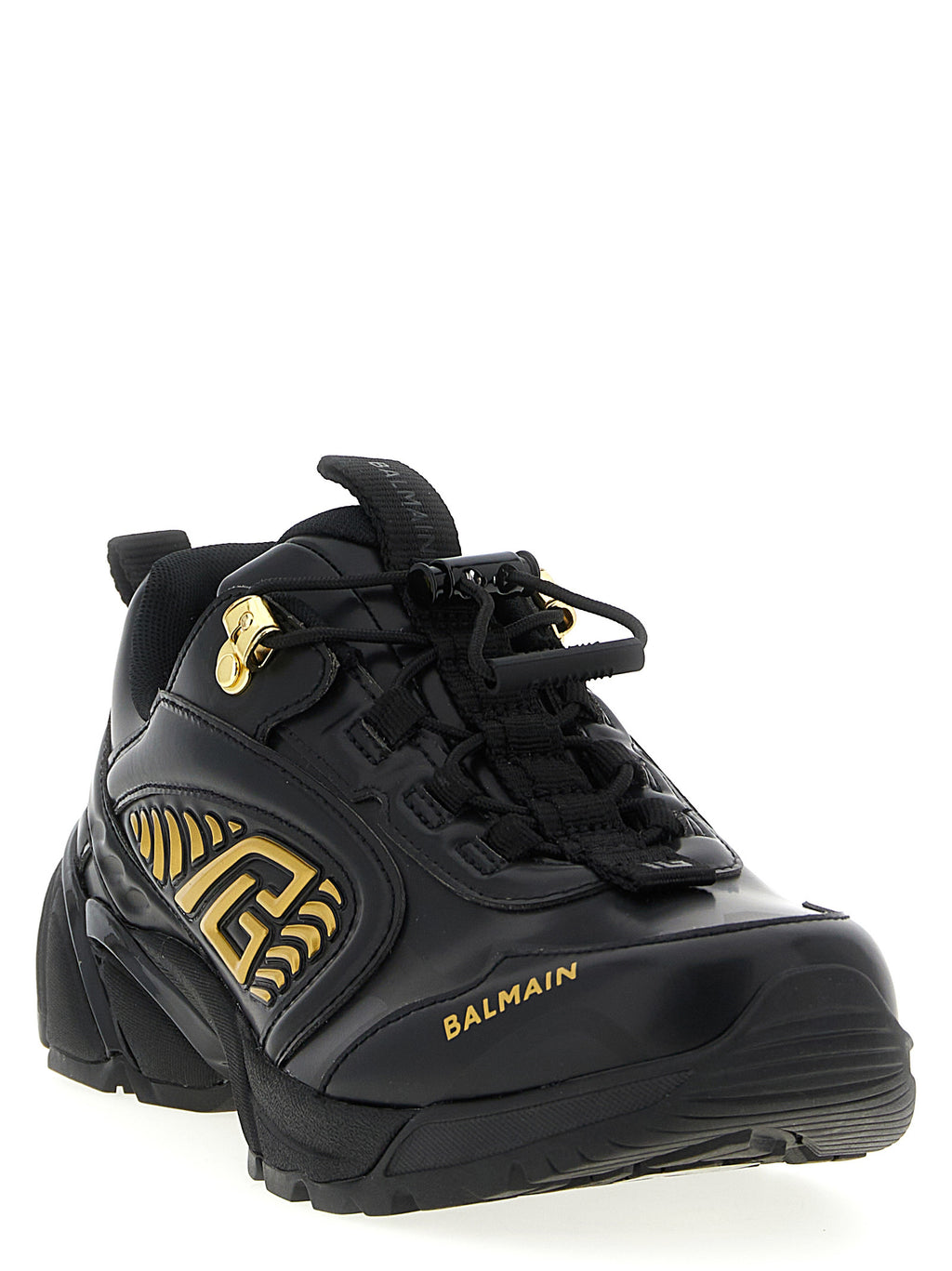 Chaussures de sport noires Balmain en nylon avec semelles épaisses et design moderne, vue de face.