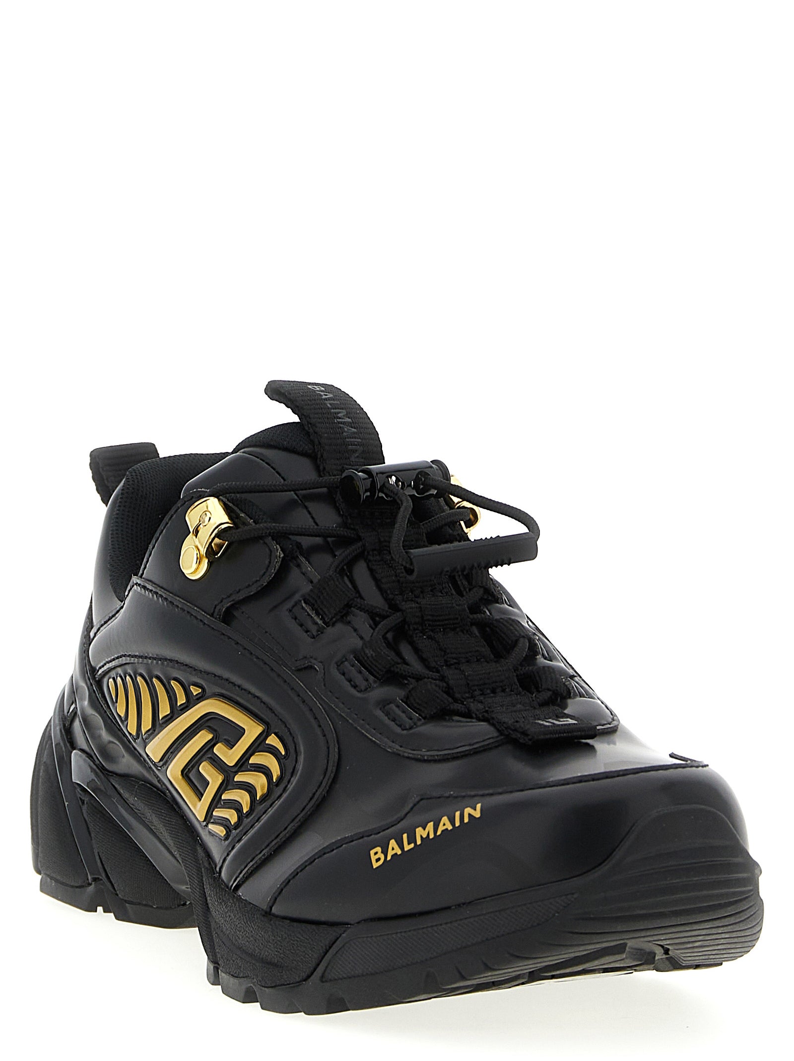 Chaussures de sport noires Balmain en nylon avec semelles épaisses et design moderne, vue de face.