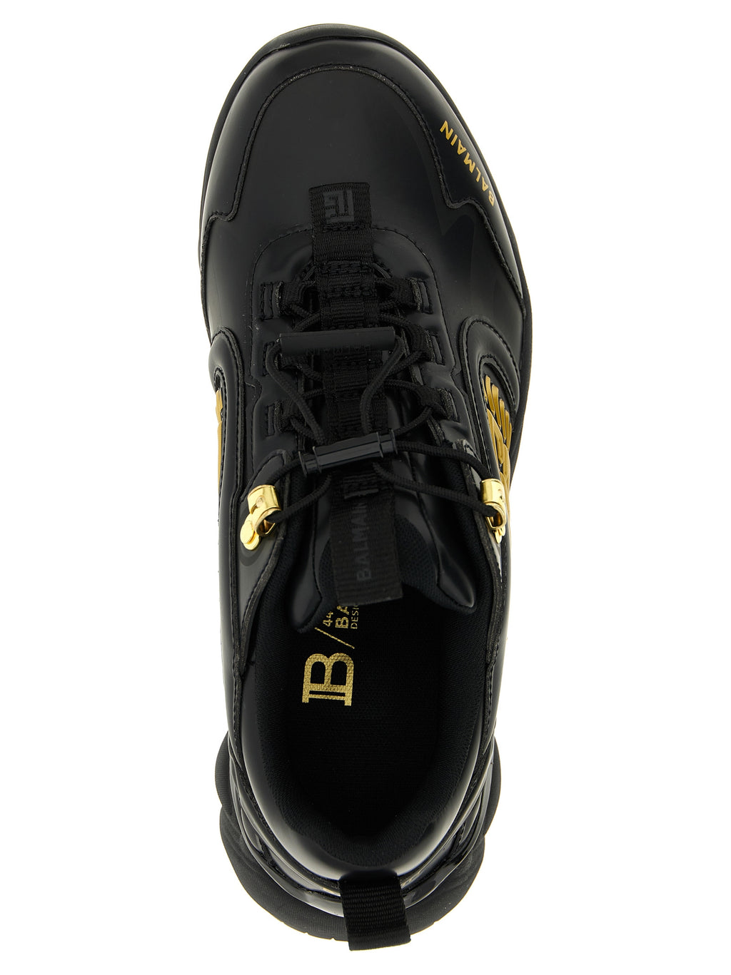 Chaussures de sport en nylon noir Balmain, baskets athlétiques stylées avec logo de la marque, visibles de face avec lacets.