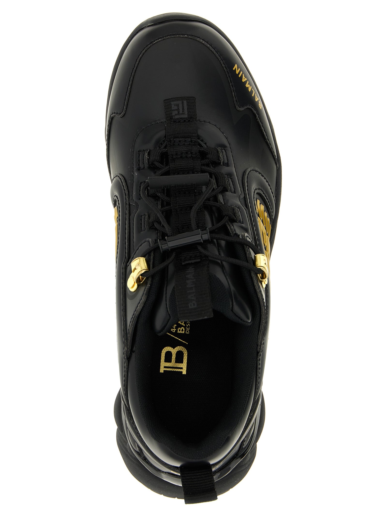 Chaussures de sport en nylon noir Balmain, baskets athlétiques stylées avec logo de la marque, visibles de face avec lacets.