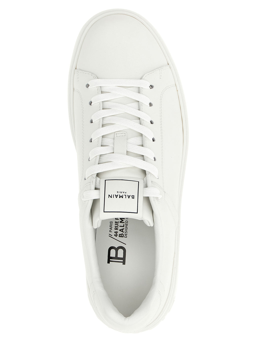 Sneakers basses en cuir de veau blanc Balmain, chaussures décontractées pour homme ou femme, vue de face.
