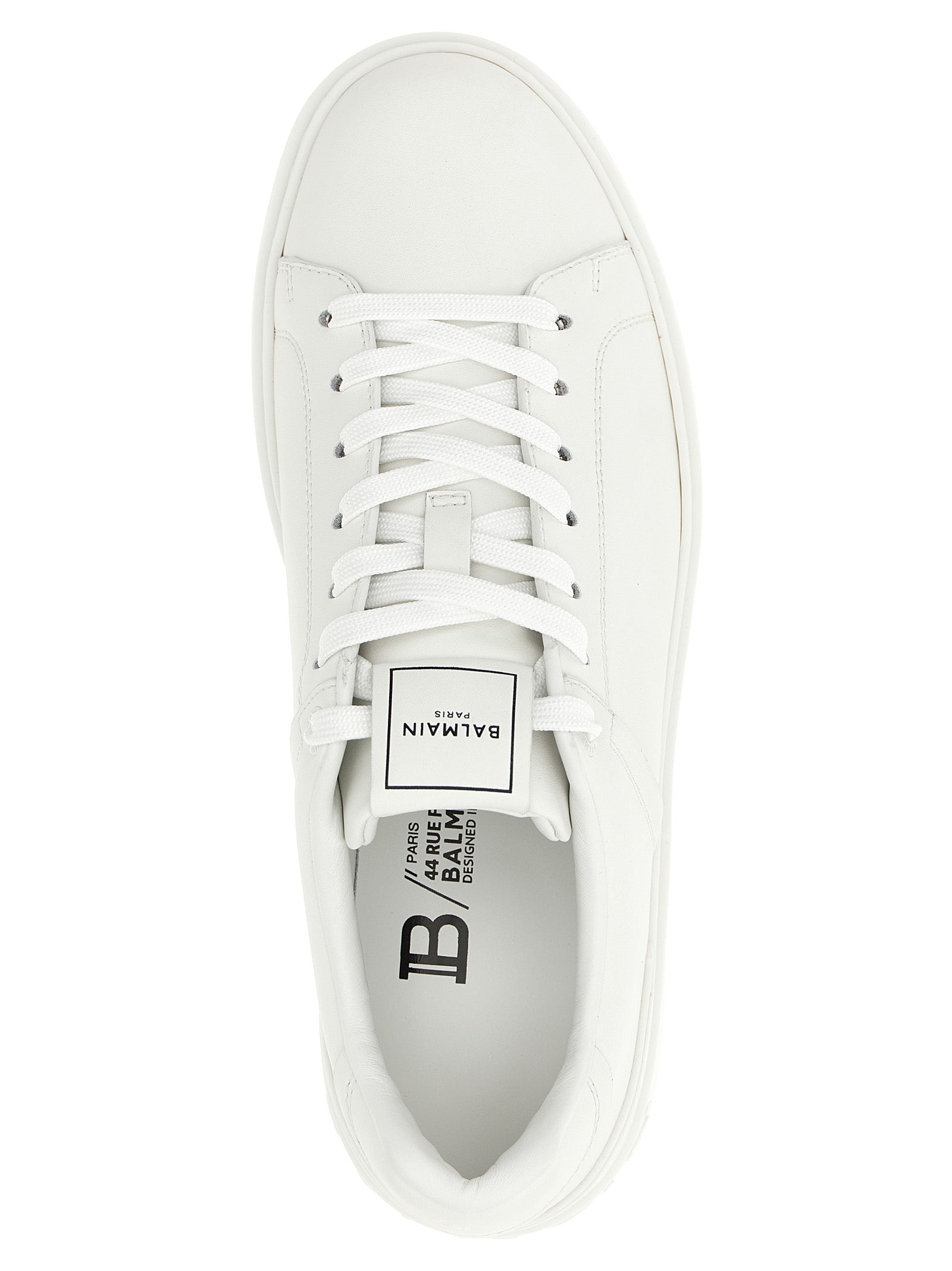 Sneakers basses en cuir de veau blanc Balmain, chaussures décontractées pour homme ou femme, vue de face.