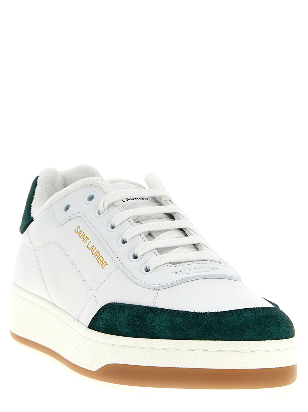 Sneakers basses Saint Laurent en cuir de veau bicolore, style moderne avec semelle blanche et design élégant.